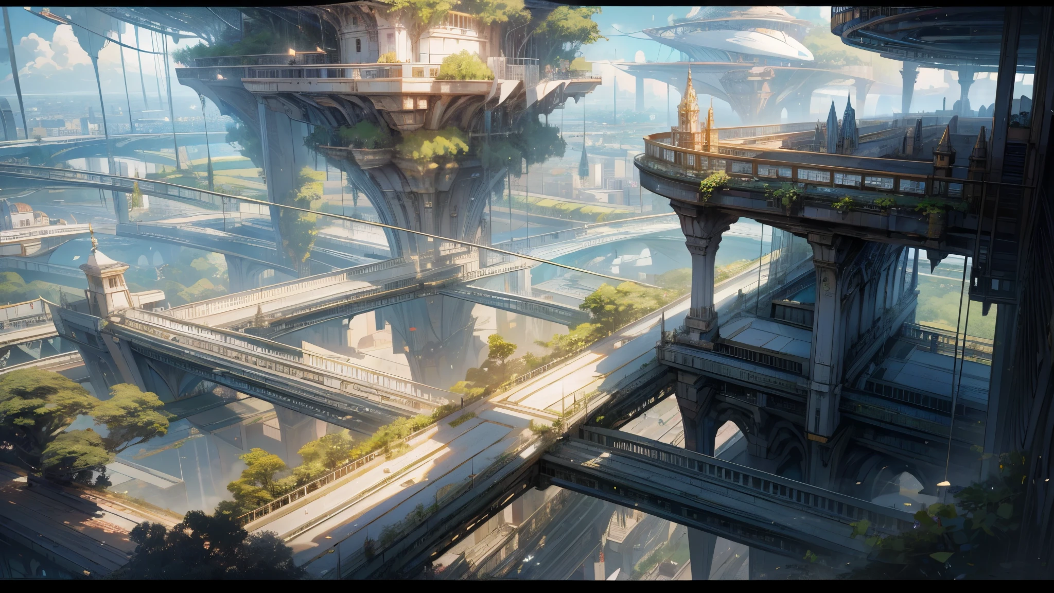 "A breathtaking masterpiece unfolds before us in 16K UHD, an intricately crafted futuristic scene that pushes the boundaries of cutting-edge technology. Floating cityscape architecture gleams in the distance, a dazzling array of ultramodern marvels, bejeweled with reflective surfaces that shimmer and sparkle. A colossal urban high-tech tablet platform hovers above, suspended by unseen forces, while airships of varying sizes drift serenely in the sky.
Futuristic technology seamlessly intertwines with nature, transparent paths weaving between buildings and lush greenery cascading from terraces and roofs