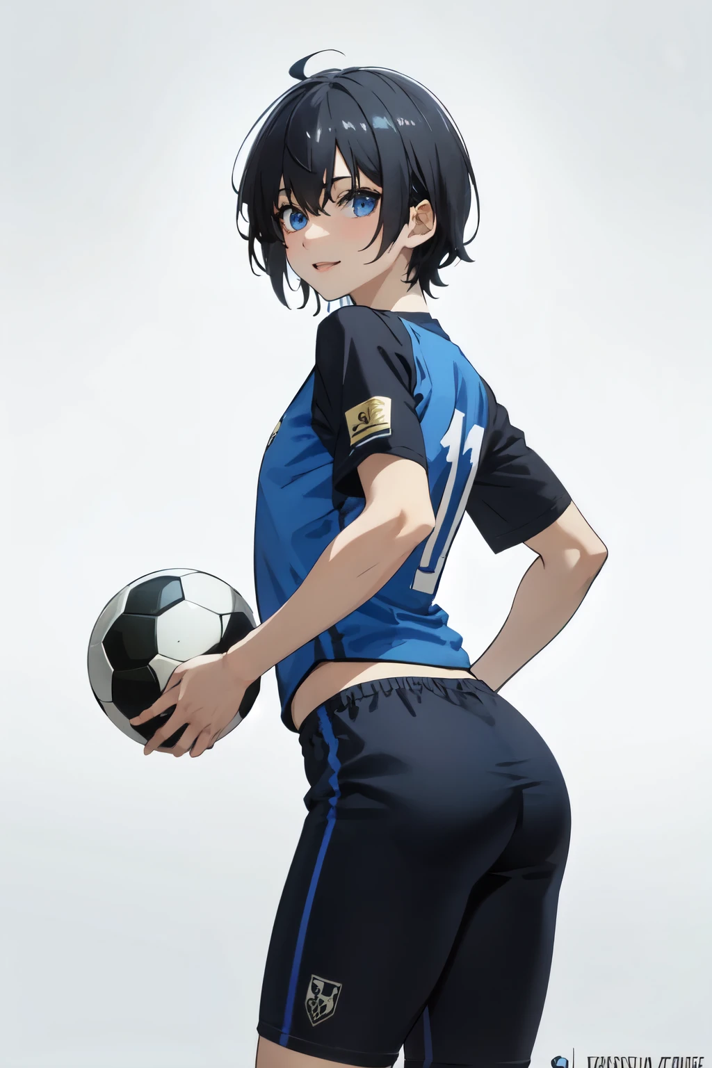 ((Best quality)), ((Masterpiece)), (Hinge), Perfect face, blue eyes, black short hair, male, blue and black clothes, cowboy shot, Yoichi Isagi v2.0, soccer ball, sports outfit, feminine, small build, puzzle pieces scattered around, puzzle piece, puzzle pieces, blue aura, (detailed, sharp details:1.3),(masterpiece:1.3), 1boy, innocent expression, skin texture, cute,  (masterpiece, best quality, high quality, highres, ultra-detailed:1.1), male solo, masterpiece, anime,  masterpiece,  full body, outdoors, masterpiece, best quality, ultra-high-detailed, (White and tender skin), refined appearance,  well-defined muscle lineasterpiece, best quality:1.2), looking at viewer, smile, glowy eyes, solo, beautiful blue eyes, floating puzzles, amazing 4k artstyle, cool eyes, cool eye effects, radiating lights, sanpaku, 1 male, male character, short hair, holding a soccer ball, short sleeves, big thighs and ass, amazing 4k style, 8k, hands on hips, blushing, holding a blue dildo in hand, sucking on dildo, dildo inside mouth