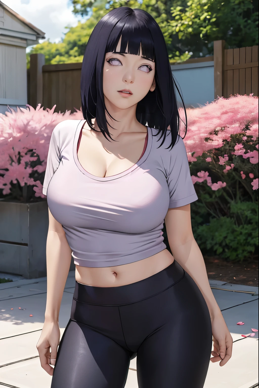 masterpiece, absurdres, hinata\(boruto\), 1girl, solo,mature female, tight t-shirt vneck, cleavage, legging, yoga pants, looking at viewer, (falling petals), perfect composition, detailed lips, big breast, beautiful face, body propotion, blush, (pink lips), long hair, purple eyes, soft gaze, super realistic, detailed, photoshoot, realistic face and body,