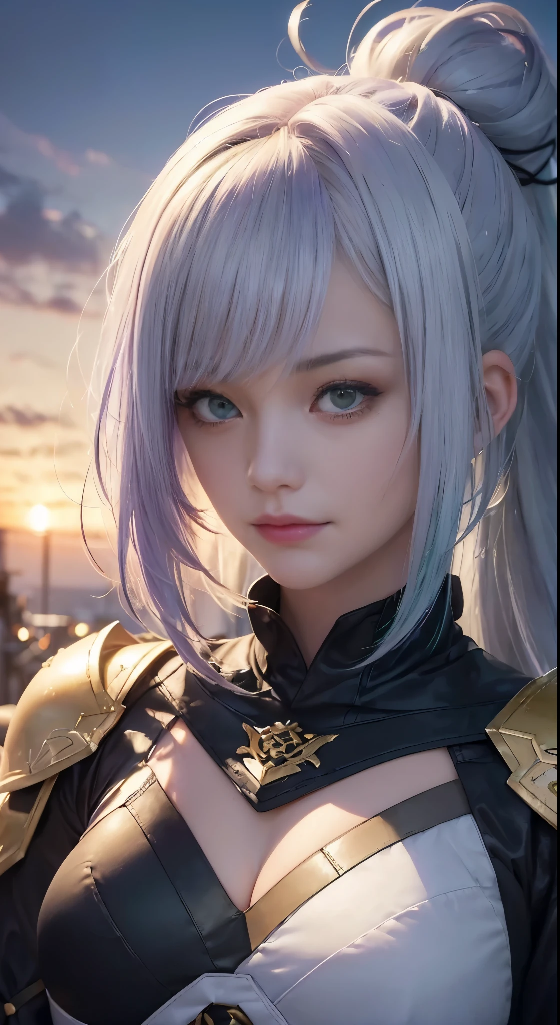 ((laughingly: 1.2 + Galen: 1.3), Realistic art style), hard disk, dynamic ungle, Dynamic installation, summer, perspiring, White fabric, (Silver-haired: 1.2 + yellow hair: 1.2+ white hair: 1.2+ A dark-haired: 1.2 + redhair: 1.2 + blue hairs: 1.2 + purple color hair: 1.2 + Green hair: 1.2), Front light in the sun, sunset glow, metalic armor, Actual texture, finedetail, Polished watercolor.
