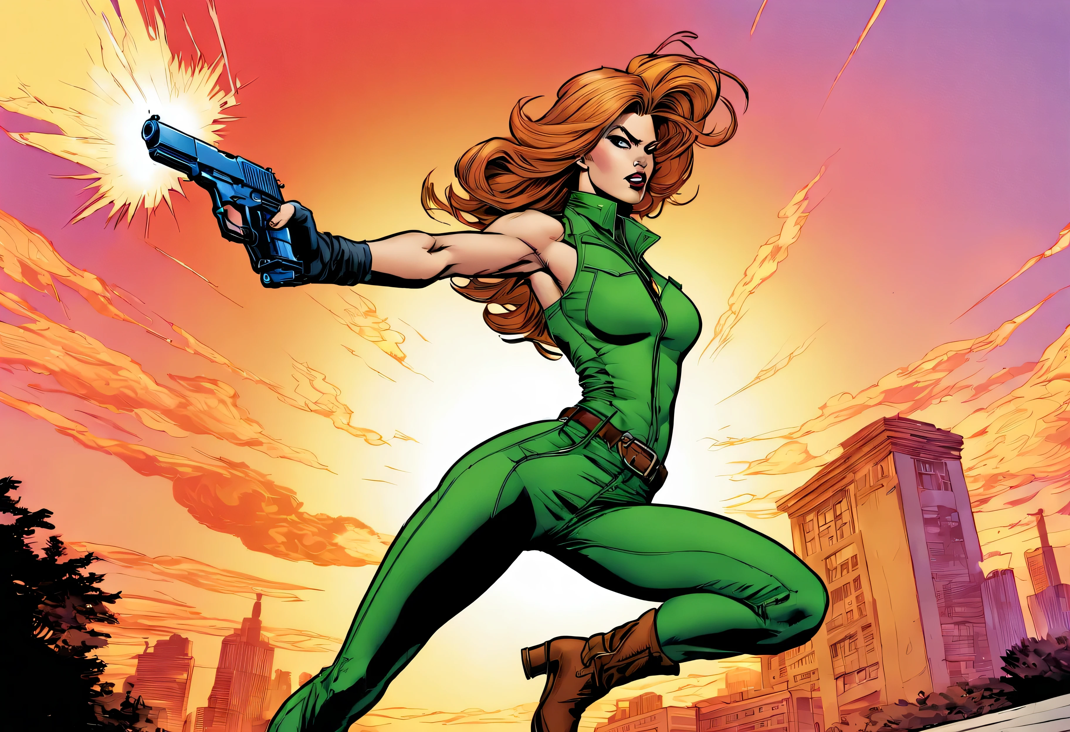 J Scott Campbell art style, hand made rotoscope realism, Danger Girl, renowned Archeologist and adventurer Abbey Chase, super-secret spy, wielding m1911 pistol, 5'8" and weighs 135 pounds, white crop top, green stretch pants, brown boots, cinematic action shot, high speed chase, heights with stunning vista, vivid technicolor explosion with engulfing raging fire, precise harsh strokes ink lines, ink blot and ink drip, nautical twilight sunset, precise accurate detailed, proportional, dutch angle, cross hatching,
