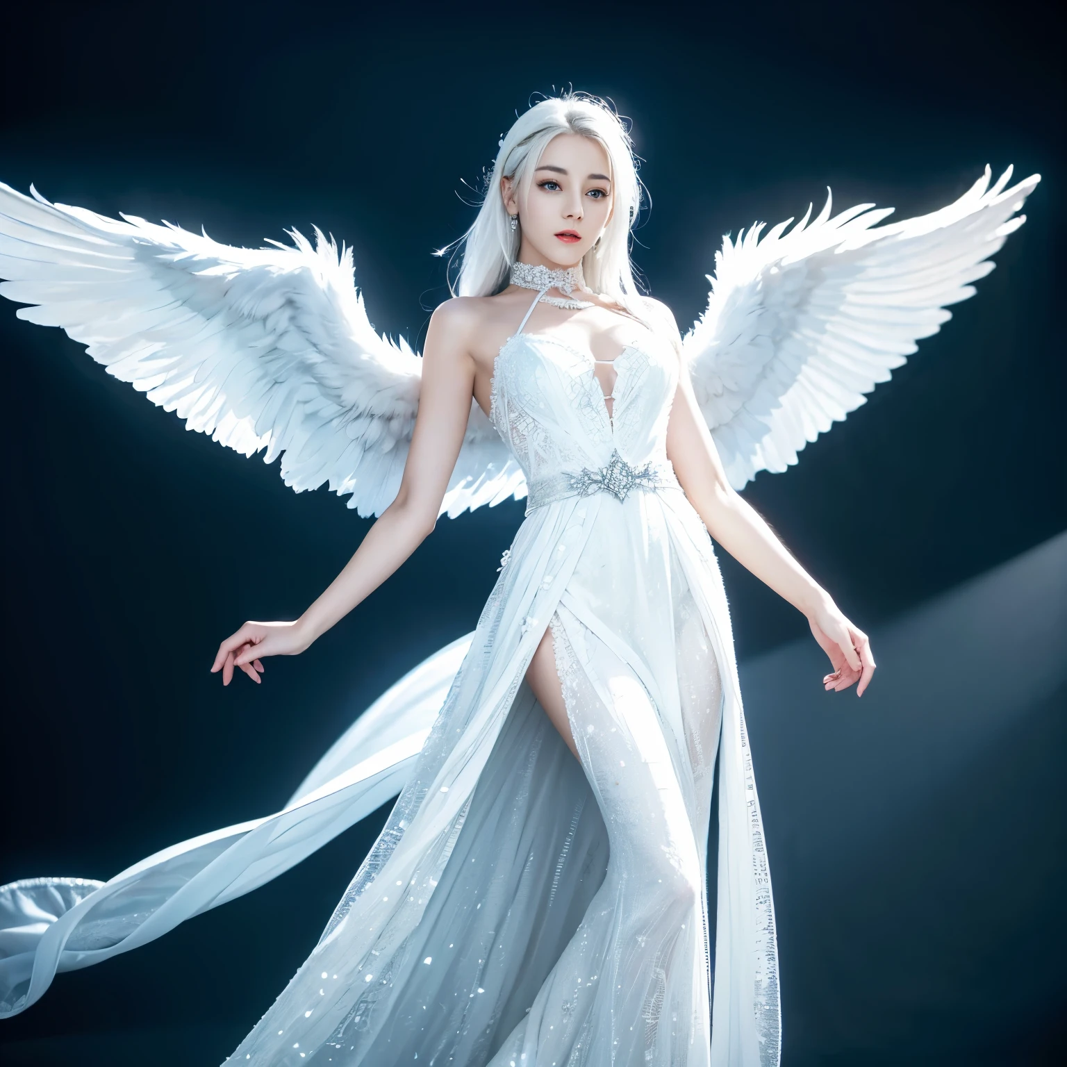 ((top quality、8k、Masterpiece:1.3))、Extremely delicate and beautiful girl,Very white skin,fiery red lips,Waist is very thin,Thighs are very thin,White and smooth skin,Smooth and fair skin,flawless skin,Fair and shiny skin,cold white skin,The camera focuses on the chest,hazy light rays,hazy light rays,There is a pair of huge white wings on the back,blurred white background,white skirt,light blonde hair,The hair is light blonde,Angels come