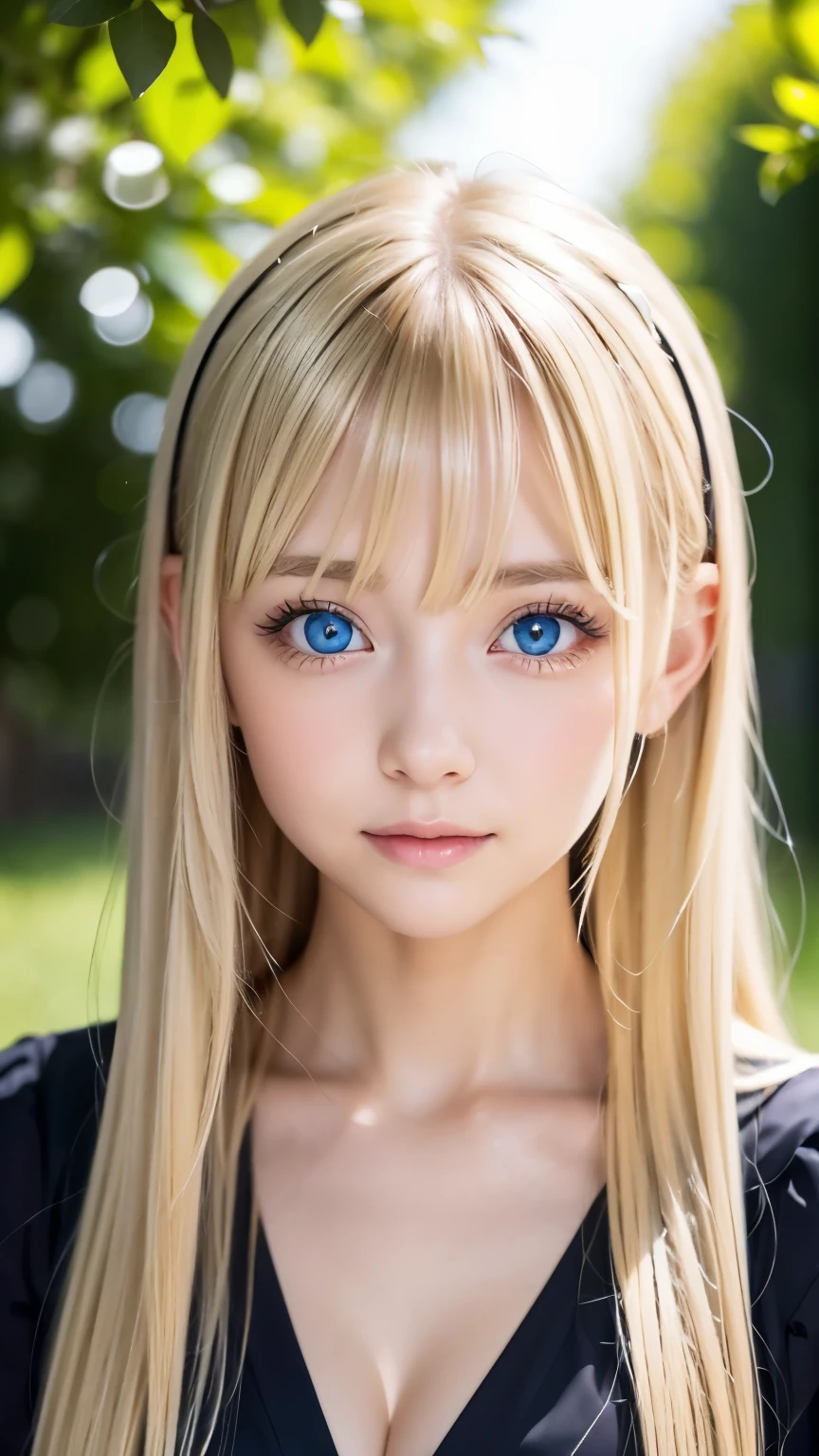 A very beautiful girl with very long blonde hair、extraordinary sexy beauty、Beautiful calm and bright expression、Her big bright light blue eyes are so beautiful、very big eyes、sexy refreshing look、Perfect beautiful cute face with long bangs、Long shiny blonde straight hair、beautiful facial hair、very cute beautiful sexy young little woman、very perfect beautiful cute face、small face beauty、Hidden behind beautiful and cute eyes、Blonde hair with a mysterious shine、