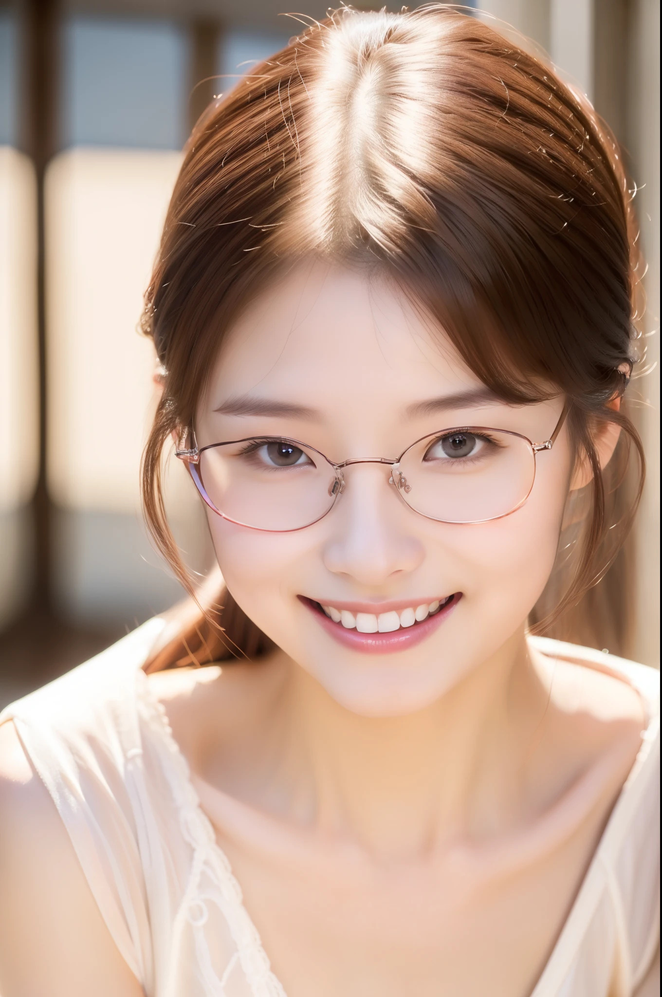 22 years old,Japanese beauty, banker、kind customer service、clear, brown hair, ponytail, (The eyes of the small thin glasses double the sexiness.:1.5), Photo seen diagonally from above,Take a photo from above,smileで私を見てください,looking at camera,look at the camera,big breasts,very detailed顔、((looking at camera,smile,white teeth,smiling looking at the camera),((High-definition RAW color photo, professional photos, very delicate and beautiful, very detailed,finely, huge file size,best image quality,8k,Photo taken by a professional photographer with a single-lens reflex camera))