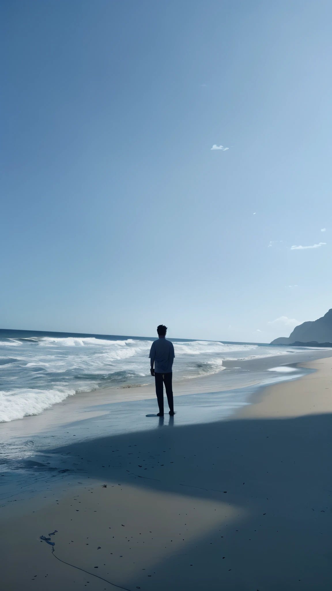 there is a man standing on the beach looking out at the ocean, standing beside the ocean, standing at the beach, standing on a beach, looking at the ocean, looking out at the ocean, standing near the beach, looking out over the sea, standing in shallow water, stand up with the sea behind, next to the reflecting ocean, ocean, standing next to water