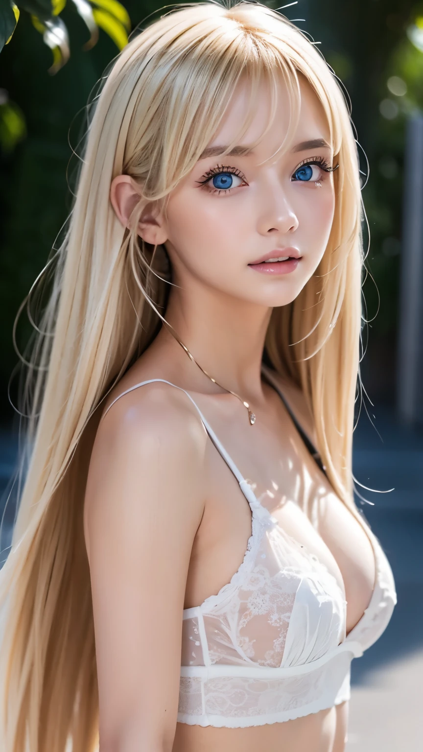 A very beautiful girl with very long blonde hair、extraordinary sexy beauty、Beautiful calm and bright expression、Her big bright light blue eyes are so beautiful、very big eyes、sexy refreshing look、Perfect beautiful cute face with long bangs、Long shiny blonde straight hair、beautiful facial hair、very cute beautiful sexy young little woman、very perfect beautiful cute face、small face beauty、Hidden behind beautiful and cute eyes、Blonde hair with a mysterious shine、