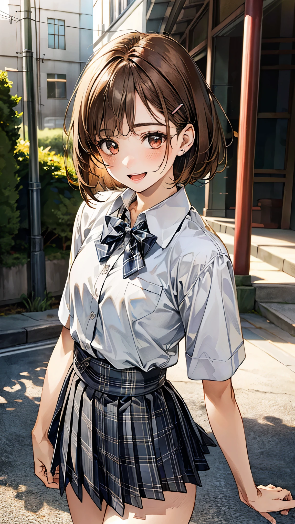 (masterpiece:1.2, top-quality), (realistic, photorealistic:1.4), beautiful illustration, (natural side lighting, movie lighting), , 
looking at viewer, full body, 1 girl, high school girl, japanese, perfect face, perfect anatomy, cute and symmetrical face, small face, round face, shiny skin, 
(short hair:1.6, bob cut:1.5, orange brown hair), swept bangs, long horizontal bangs, hair clips, red brown eyes, long eye lasher, (middle breasts), slender, 
beautiful hair, beautiful face, beautiful detailed eyes, beautiful clavicle, beautiful body, beautiful chest, beautiful thigh, beautiful legs, beautiful fingers, 
((symmetrical clothing, white collared shirts, gray pleated mini skirt), blue plaid bow tie), , 
(beautiful scenery), depth of field, morning, (outdoors), walking, (smile, open mouth), 