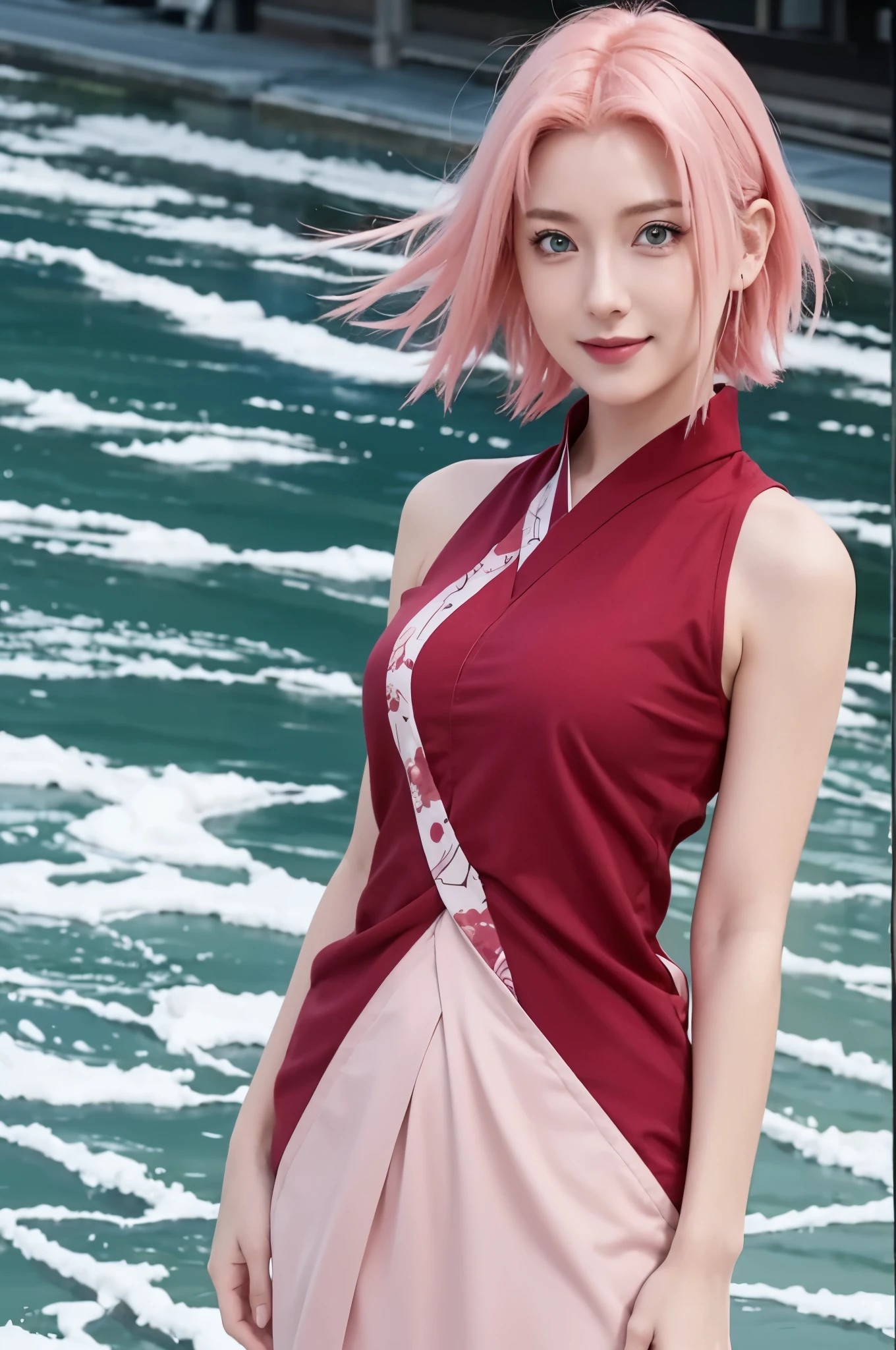 1fimale, sakura haruno in anime naruto shippuden, short hair, pink hair, green eyes, red kimono clothes, beautiful face, beautiful eyes, smile, konohagakure symbol, red lips, realistic, ultra detail, background city