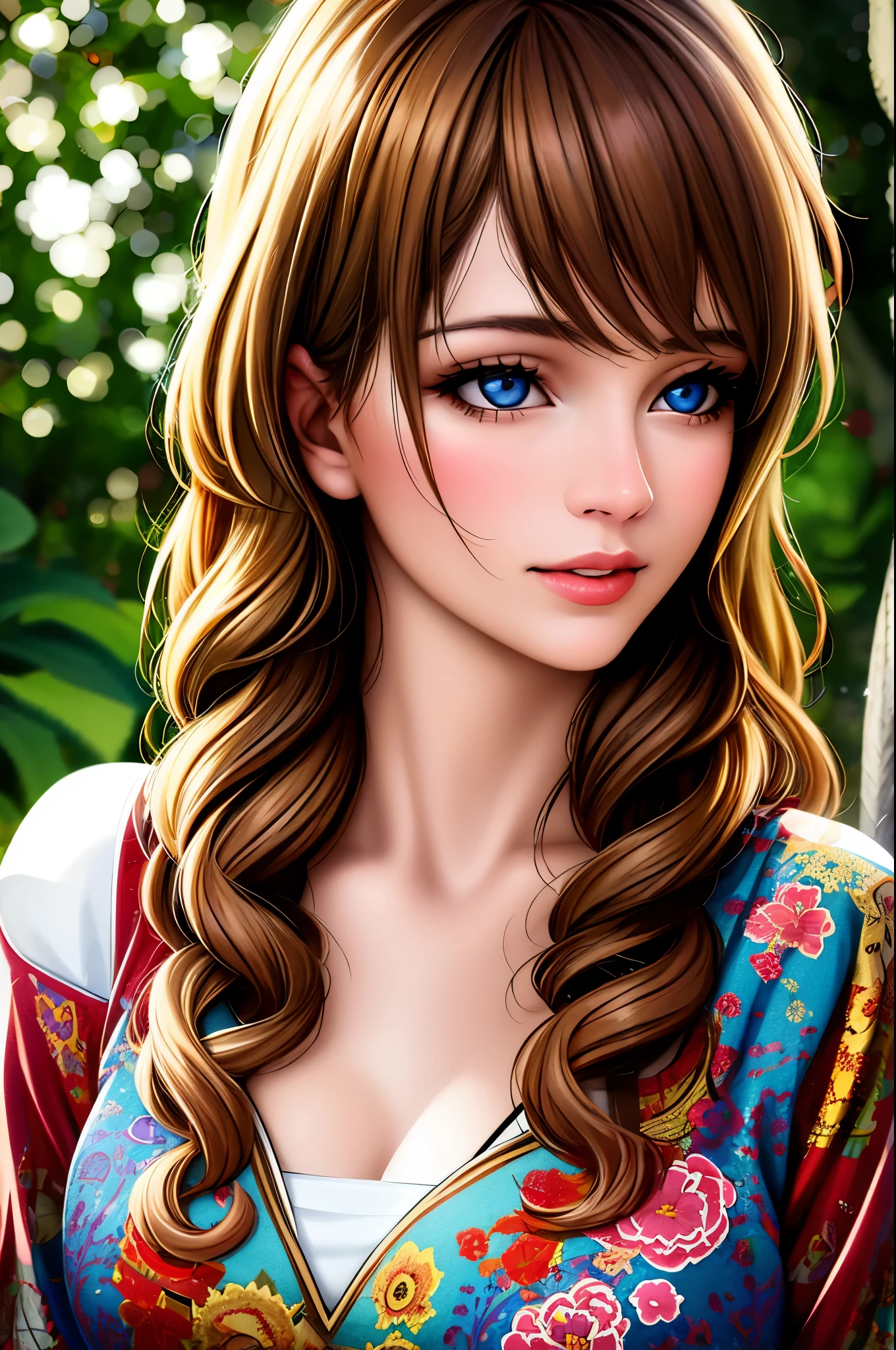 (best quality,4k,8k,highres,masterpiece:1.2),ultra-detailed,(realistic,photorealistic,photo-realistic:1.37),beautiful detailed eyes,beautiful detailed lips,extremely detailed eyes and face,longeyelashes,portraits,medium,soft lighting,colors: pastel hues, A girl in a garden, flowing curly hair, vibrant flowers, ethereal atmosphere, summer dress, gentle breeze, sunlight filtering through trees, peaceful expression, delicate features, golden hour lighting, tranquil setting, dreamy vibe, glowing skin, subtle shadows, natural environment