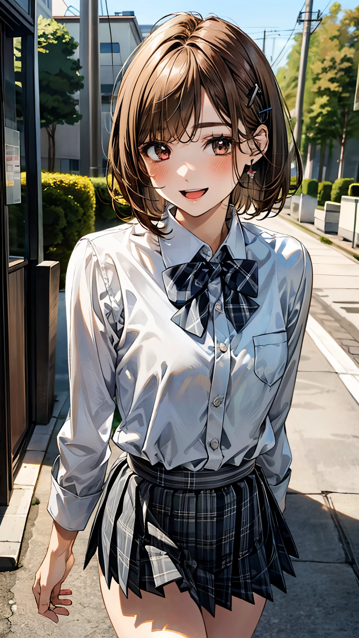 (masterpiece:1.2, top-quality), (realistic, photorealistic:1.4), beautiful illustration, (natural side lighting, movie lighting), , 
looking at viewer, full body, 1 girl, high school girl, japanese, perfect face, perfect anatomy, cute and symmetrical face, small face, round face, shiny skin, 
(short hair:1.6, bob cut:1.5, orange brown hair), swept bangs, long horizontal bangs, hair clips, red brown eyes, long eye lasher, (middle breasts), slender, 
beautiful hair, beautiful face, beautiful detailed eyes, beautiful clavicle, beautiful body, beautiful chest, beautiful thigh, beautiful legs, beautiful fingers, 
((symmetrical clothing, white collared shirts, gray pleated mini skirt), blue plaid bow tie), , 
(beautiful scenery), depth of field, morning, (outdoors), walking, (smile, open mouth), 