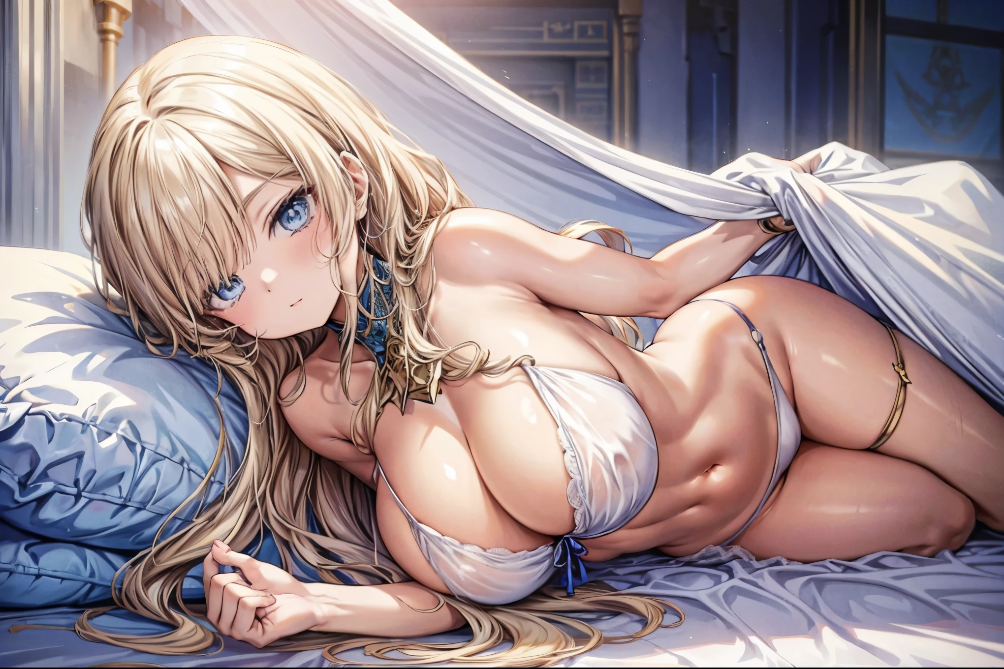 sensual, ((long blonde curly hair)), thick thighs, 8K, 4K, highest quality, High resolution:1.2), cute anime face, noise reduction, ((shining blue eyes, gentle smile, kind eyes))、toned abdominal muscles, muscular arms, muscular legs,  young face, anime eyes, (((big breasts、Breasts that are about to burst)))、(((whole body)))、wearing egyptian lingerie、Princesses of Ancient Egypt、lie down on the bed