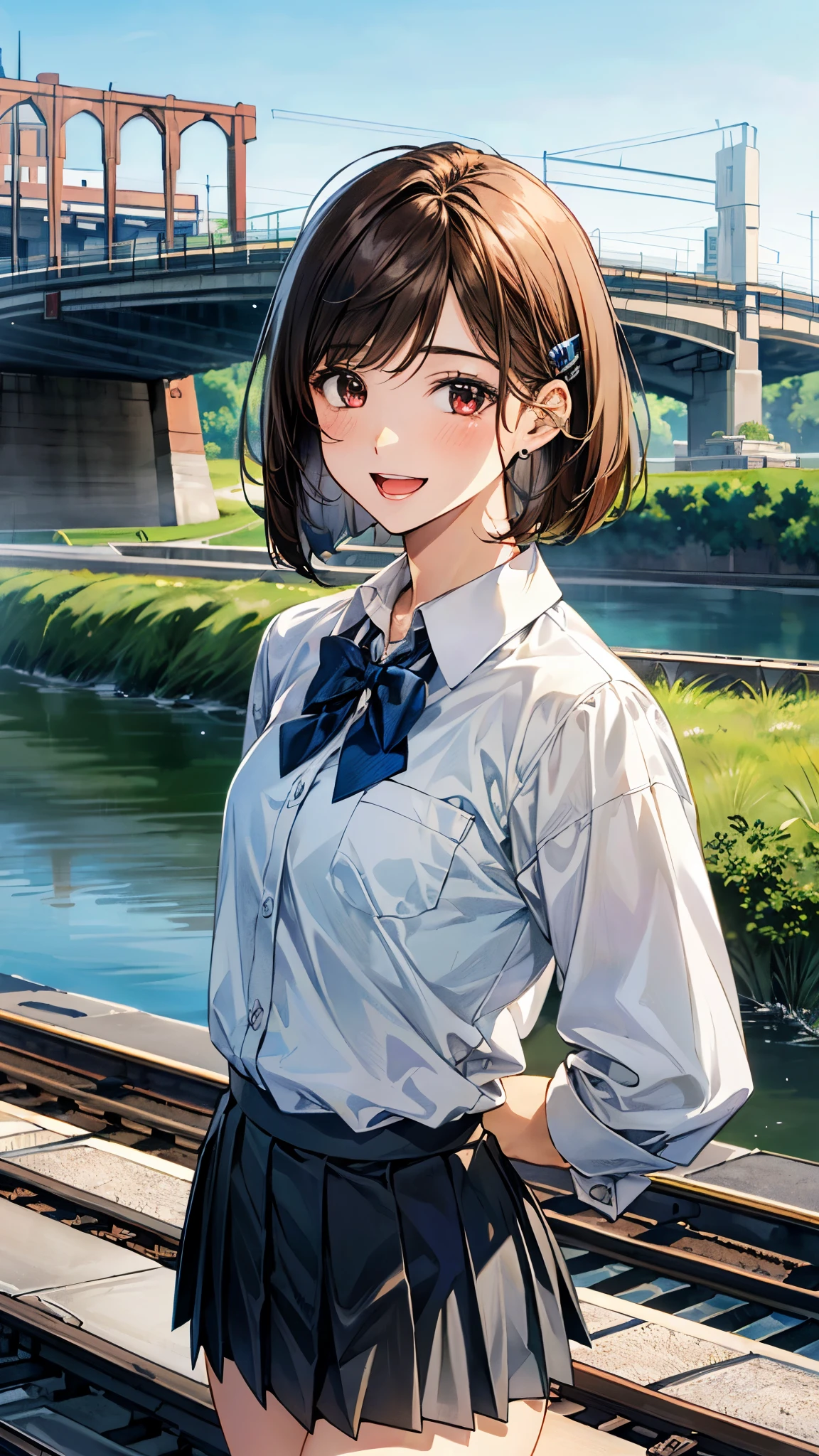 (masterpiece:1.2, top-quality), (realistic, photorealistic:1.4), beautiful illustration, (natural side lighting, movie lighting), , 
looking at viewer, full body, 1 girl, high school girl, japanese, perfect face, perfect anatomy, cute and symmetrical face, small face, round face, shiny skin, 
(short hair:1.6, bob cut:1.5, orange brown hair), swept bangs, long horizontal bangs, hair clips, red brown eyes, long eye lasher, (middle breasts), slender, 
beautiful hair, beautiful face, beautiful detailed eyes, beautiful clavicle, beautiful body, beautiful chest, beautiful thigh, beautiful legs, beautiful fingers, 
((symmetrical clothing, white collared shirts, gray pleated mini skirt), blue bow tie), , 
(beautiful scenery), depth of field, morning, (riverside, railway bridge, cityscape in the distance), walking, (smile, open mouth), 