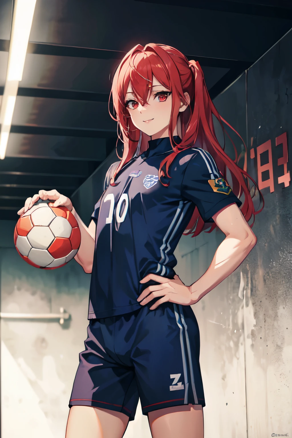 ((Best quality)), ((Masterpiece)), (Hinge), Perfect face, red eyes, red long hair, male, blue and red clothes, cowboy shot, Chigiri Hyoma, soccer ball, sports outfit, feminine, small build, tiger plushie, red aura, (detailed, sharp details:1.3),(masterpiece:1.3), 1boy, innocent expression, skin texture, cute,  (masterpiece, best quality, high quality, highres, ultra-detailed:1.1), male solo, masterpiece, anime,  masterpiece,  full body, outdoors, masterpiece, best quality, ultra-high-detailed, (White and tender skin), refined appearance,  well-defined muscle lineasterpiece, best quality:1.2), looking at viewer, smile, glowy eyes, solo, beautiful red eyes, floating hearts, amazing 4k artstyle, cool eyes, cool eye effects, radiating lights, sanpaku, 1 male, male character, long hair, holding a soccer ball, short sleeves, big thighs and ass, amazing 4k style, 8k, hands on hips, blushing, holding a blue dildo in hand, sucking on dildo, dildo inside mouth