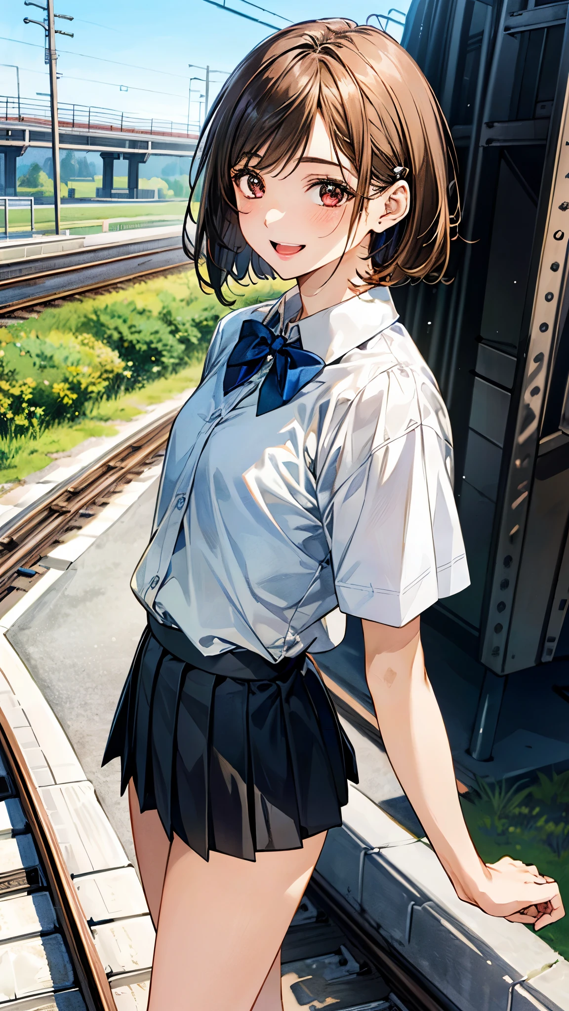(masterpiece:1.2, top-quality), (realistic, photorealistic:1.4), beautiful illustration, (natural side lighting, movie lighting), , 
looking at viewer, full body, 1 girl, high school girl, japanese, perfect face, perfect anatomy, cute and symmetrical face, small face, round face, shiny skin, 
(short hair:1.6, bob cut:1.5, orange brown hair), swept bangs, long horizontal bangs, hair clips, red brown eyes, long eye lasher, (middle breasts), slender, 
beautiful hair, beautiful face, beautiful detailed eyes, beautiful clavicle, beautiful body, beautiful chest, beautiful thigh, beautiful legs, beautiful fingers, 
((symmetrical clothing, white collared shirts, gray pleated mini skirt), blue bow tie), , 
(beautiful scenery), depth of field, morning, (riverside, railway bridge, cityscape in the distance), walking, (smile, open mouth), 