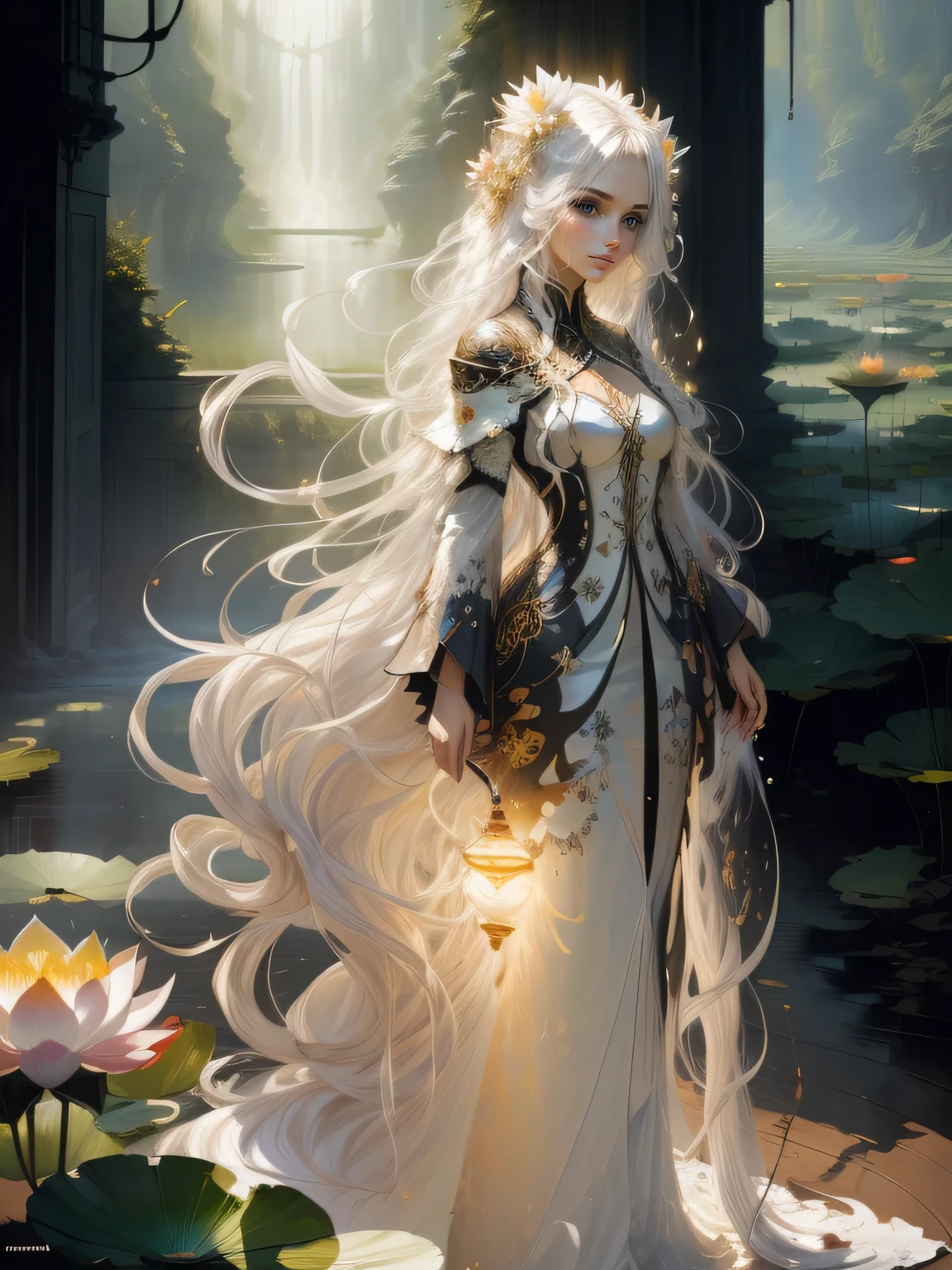 slight turn camera left, oil painting, brush strokes, paint splashes, colorful, masterpiece, best quality, ultra detailed wallpaper, 1 beautiful fairy, white semitransparent short dress, long curly hair, , ((light passing through hair:1.3)), (high contrast, official art, extreme detailed, highest detailed), she stands on a lotus flower, surreal dreams lotus field in the backgroung, surreal dreamscape, (best quality,4k,8k,highres,masterpiece:1.2),ultra-detailed, portrait, (( digital painting by zeen chin and ruan jia and huang guangjian)), expressive pose, studio lighting,vibrant colors,dramatic lighting,contrast, , Meticulous details, intricate details
