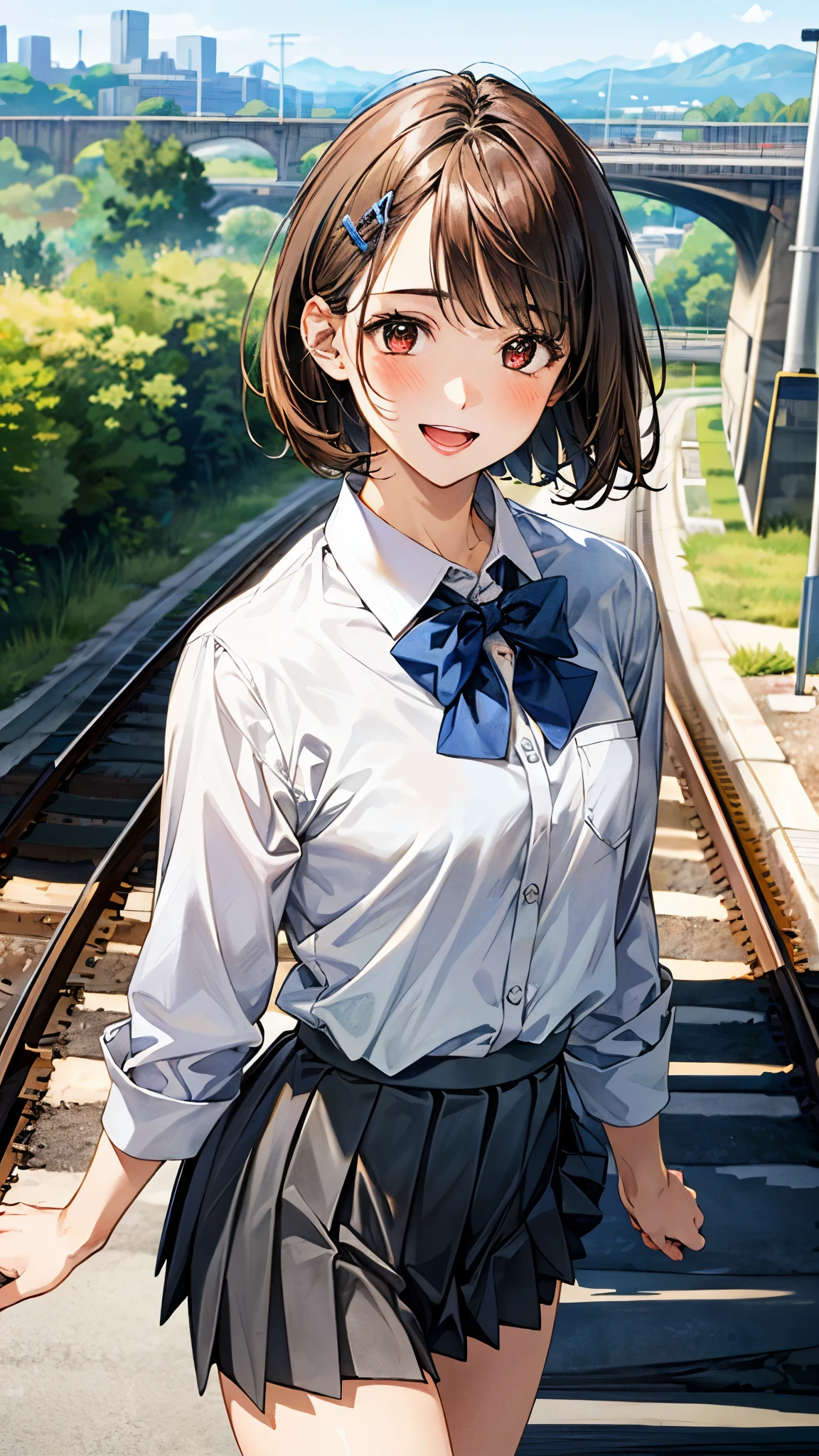 (masterpiece:1.2, top-quality), (realistic, photorealistic:1.4), beautiful illustration, (natural side lighting, movie lighting), ,
looking at viewer, full body, 1 girl, high school girl, japanese, perfect face, perfect anatomy, cute and symmetrical face, small face, round face, shiny skin,
(short hair:1.6, bob cut:1.5, orange brown hair), swept bangs, long horizontal bangs, hair clips, red brown eyes, long eye lasher, (middle breasts), slender,
beautiful hair, beautiful face, beautiful detailed eyes, beautiful clavicle, beautiful body, beautiful chest, beautiful thigh, beautiful legs, beautiful fingers,
((symmetrical clothing, white collared shirts, gray pleated mini skirt), blue bow tie), ,
(beautiful scenery), depth of field, morning, (riverside, railway bridge, cityscape in the distance), walking, (smile, open mouth),