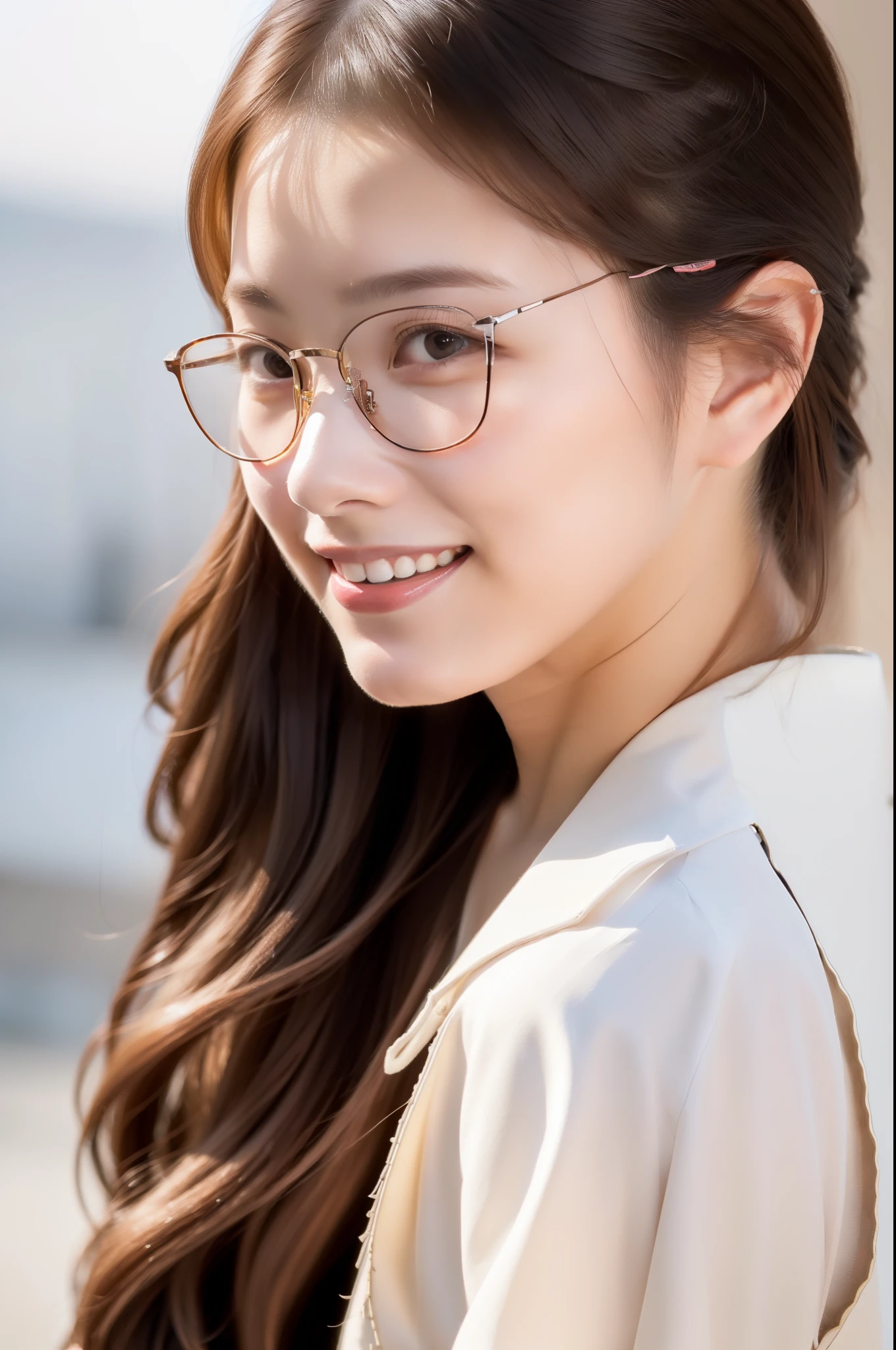 22 years old,Japanese beauty, banker、kind customer service、clear, brown hair, ponytail, (The eyes of the small thin glasses double the sexiness.:1.5), Photo seen diagonally from above,Take a photo from above,smileで私を見てください,looking at camera,look at the camera,big breasts,very detailed顔、((looking at camera,smile,white teeth,smiling looking at the camera),((High-definition RAW color photo, professional photos, very delicate and beautiful, very detailed,finely, huge file size,best image quality,8k,Photo taken by a professional photographer with a single-lens reflex camera)),　upper body shot, service, suit, white collared shirt