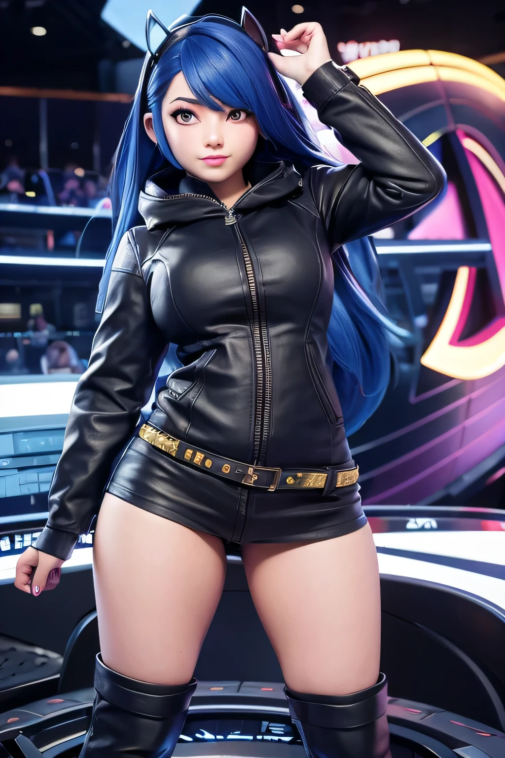 photograph of a 20 year old woman, talla extra, talla xl, cara redonda, Obra maestra, Bien, labios gruesos, sudadera de cuero azul, ojos negros, ojos grandes, long eyelashes, pelo negro, sudadera con logo deportivo, Estilo cyberpunk , neon, Urbano, animacion 3d, Estilo League of Legends