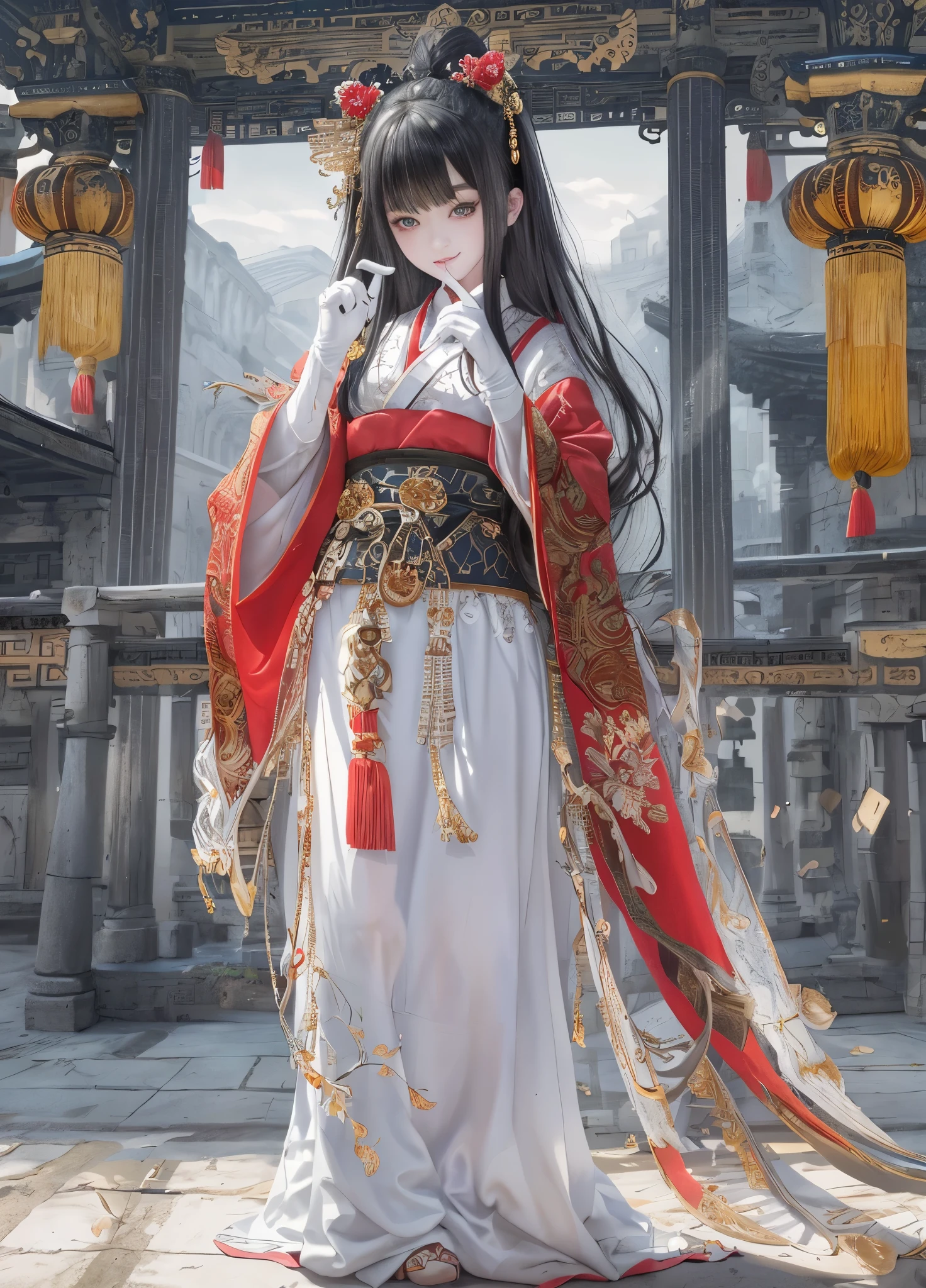 best quality, masterpiece, Super detailed, beautiful, high resolution, The original, Ridiculous, Felt,
1 girl, alone, long_hair, watching_exist_audience, Smile, Bangs, Black_hair, hair_decoration, Red_Eye, hair_between_Eye, Chinese_clothing, uneven_sleeve, :d, Permanently installed, simple background, White background, Gloves, asymmetrical_sleeve, fingerless Gloves,