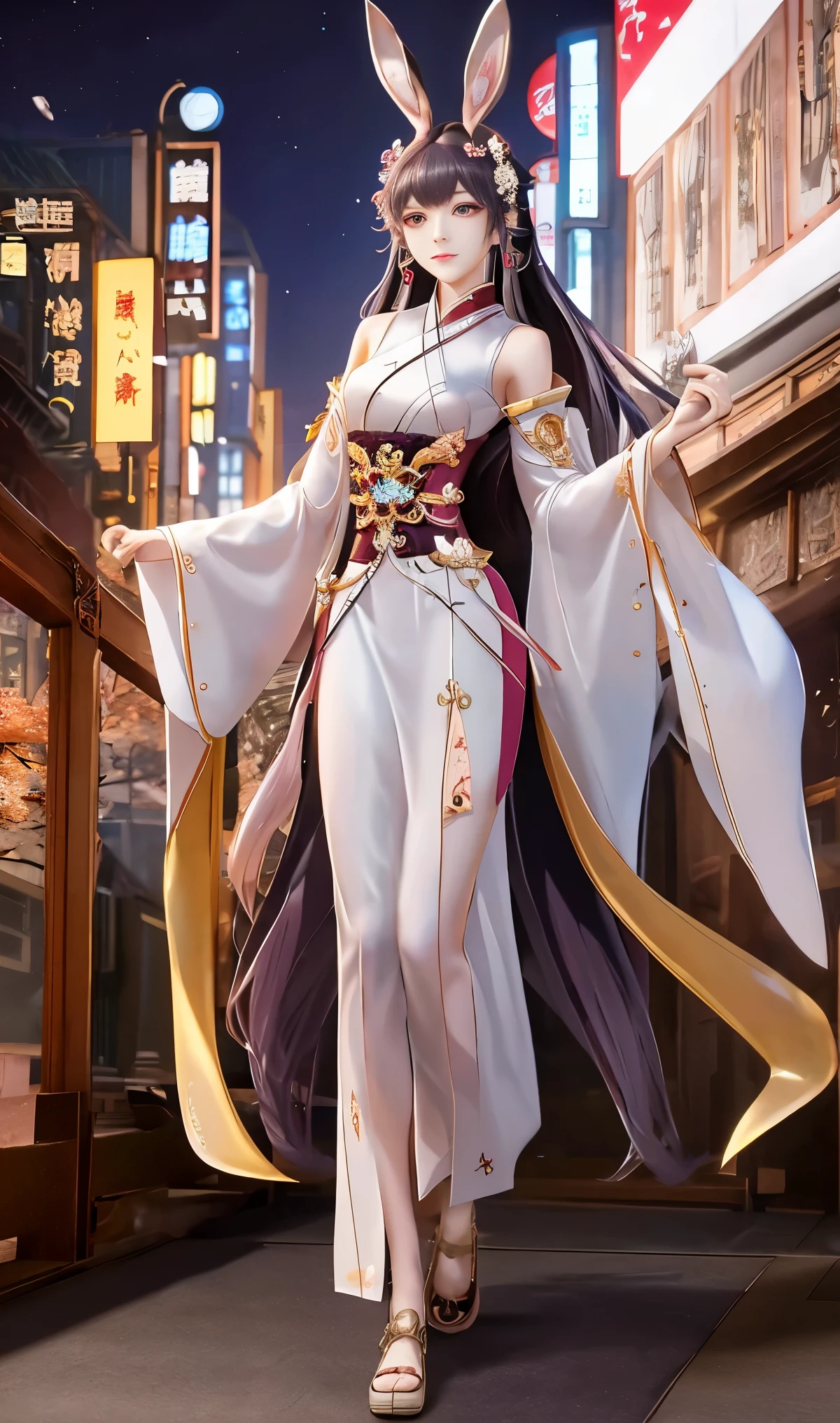 1 girl,adult, looking at the audience, city View, night, hair accessories, long hair, fake animal ears, skirt,shirt,Clothing tailoring, Rabbit ears, full body xianxia, Anime Girls Cosplay, Gorgeous role play, japanese goddess, Beautiful charming anime woman, beautiful fantasy queen, anime goddess,