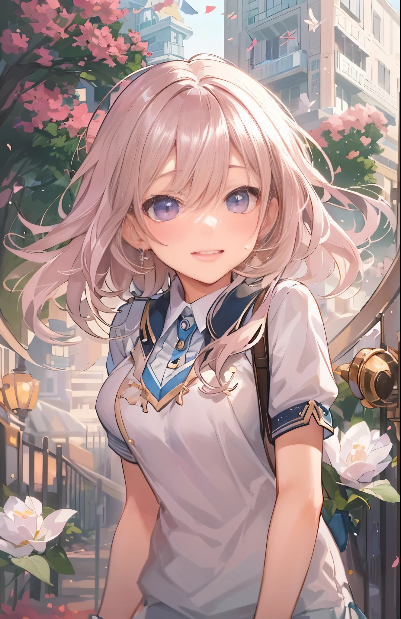 "Beautiful masterpiece of excellent quality, Showcase ultra-detailed illustrations. A charming 1girl is featured, ((looking at the audience)), Close-up highlights her beautiful smile. The scene takes place outdoors, The girl has short beige hair and charming pink-purple eyes, Uniforms