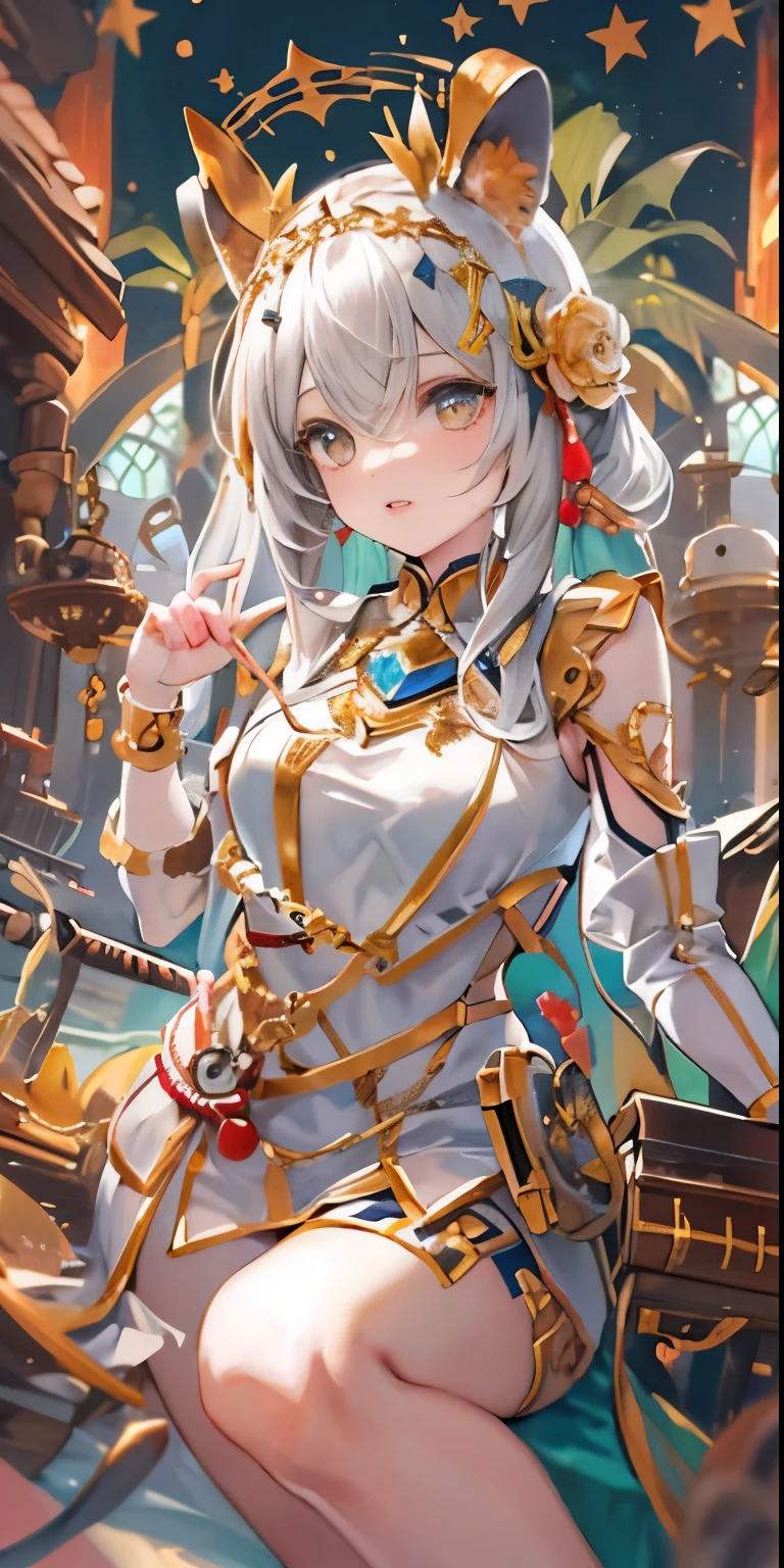 1 girl, ((masterpiece:1.4, best quality)),((masterpiece, best quality)),cute girl,, golden eyes,Mechanical skin, Mechanical ,joint,boat girl,Beautiful and sophisticated dress,colored,Exquisite headdress