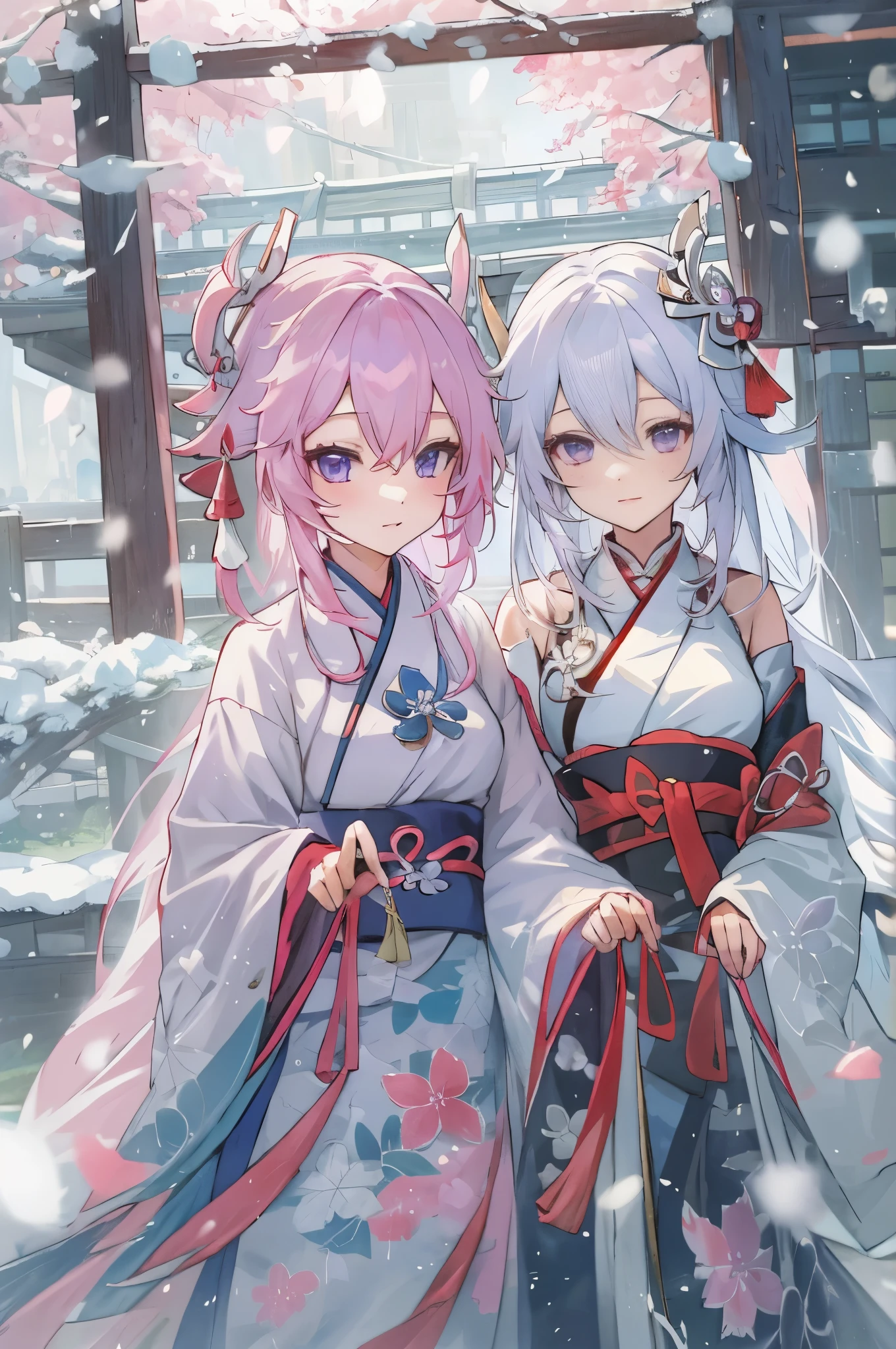 Anime image of two women wearing traditional Japanese clothes in the snow, The girl wearing Hanfu in the palace, WLOP 和 Sakimichan, White-haired God, 《azur lane》role in, Anime Fantasy Illustration, from《azur lane》Electronic games, Genshin, guweiz style artwork, Onmyoji Detailed Art, Two beautiful anime girls, pink hair, Mother and