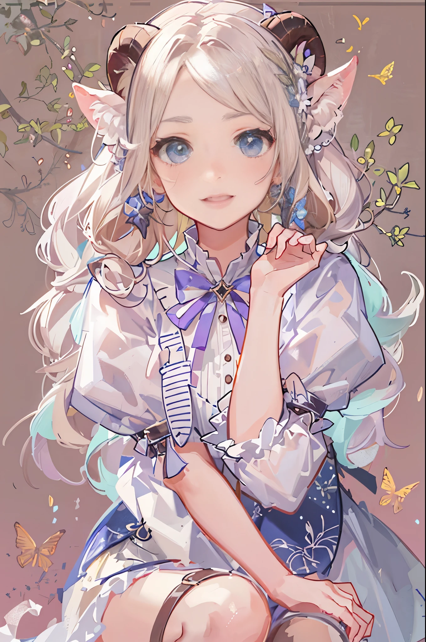 blonde hair in two low pigtails, light blue eyes, Little goat horns, Brown horn, Xiaojiao, Wearing a puff sleeve dress, White and purple dress, white high heel boots, blonde hair