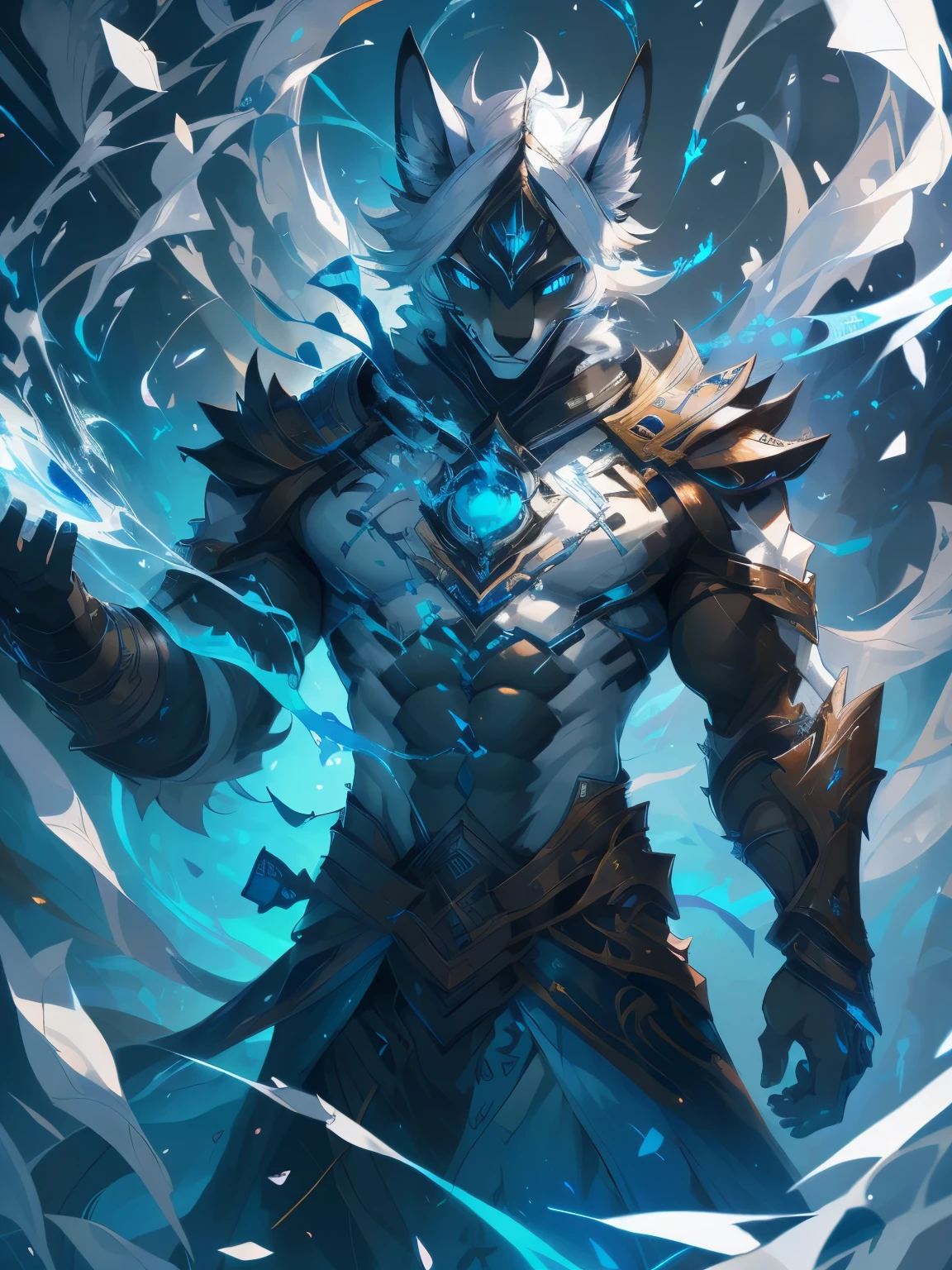 male, furry, Fox anthro, blue eyes, (Realistic eye details 1.2), abs, Perfect centralization, Fantastic Black-White beam, V0id3nergy, delight, Standing position, Abstract beauty, centre, Looking at the camera, Facing the camera, nearing perfection, Dynamic, highly detailed, Liso, sharp focus, 8K, A high resolution, illustration, Art by Carne Griffiths and Wadim Kashin