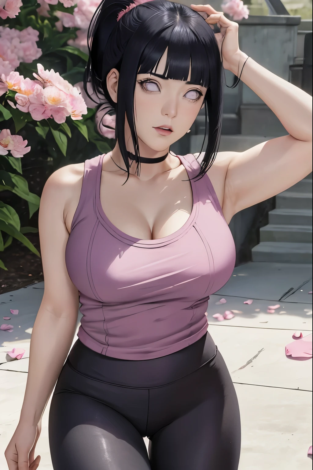 masterpiece, absurdres, hinata\(boruto\), 1girl, solo,mature female, tight t-shirt vneck, cleavage, legging, yoga pants, looking at viewer, (falling petals), perfect composition, detailed lips, big breast, beautiful face, body propotion, blush, (pink lips), long hair, purple eyes, soft gaze, super realistic, detailed, photoshoot, realistic face and body, ponytail