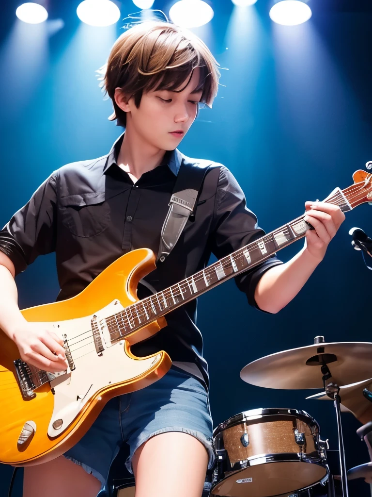 Rock band performance, trio of guitar, bass and drums, high school student, 18-year-old