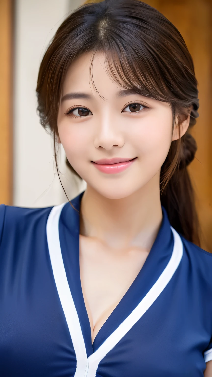 (8K, highest quality, masterpiece:1.2), a beautiful woman、18 year old beauty、Gravure idol、big breasts、uniform、underwear、swimsuit、mini skirt、long legs、blouse、big breastsを強調、oval face、square jaw、thin and high nose、flushed cheeks、narrow mouth、thick parted lips、Small eyes、Crystal clear brown eyes、dark eyelashes、strong eye highlights、Smile small、The camera is a cowboy shot、