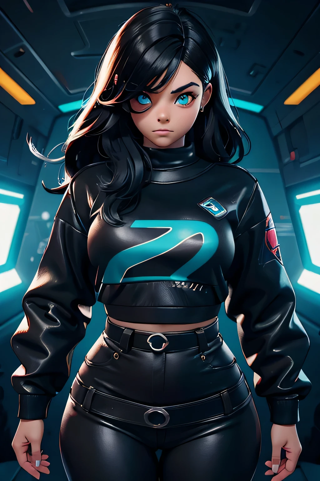 photograph of a 20 year old woman, talla extra, ojos negros redondos, cara redonda, Cabello negro ancho, Obra maestra, Bien, sudadera de cuero azul, pelo negro, sudadera con logo deportivo, Estilo cyberpunk , animacion 3d, Estilo League of Legends