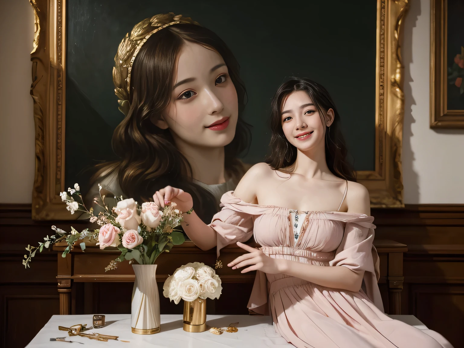 Jacques-Louis David painting style,Arguments of two female Philosophe,ath、astronomical machine、astronaut、roses in vase、fruits、Cute trinkets、smile、ancient greek costume、Sandro Botticelli paintings、Clothes that stretch your shoulders、A big smile、expression of ecstasy、sexy、beautiful bare skin、A detailed representation of the seducing woman throughout her body.