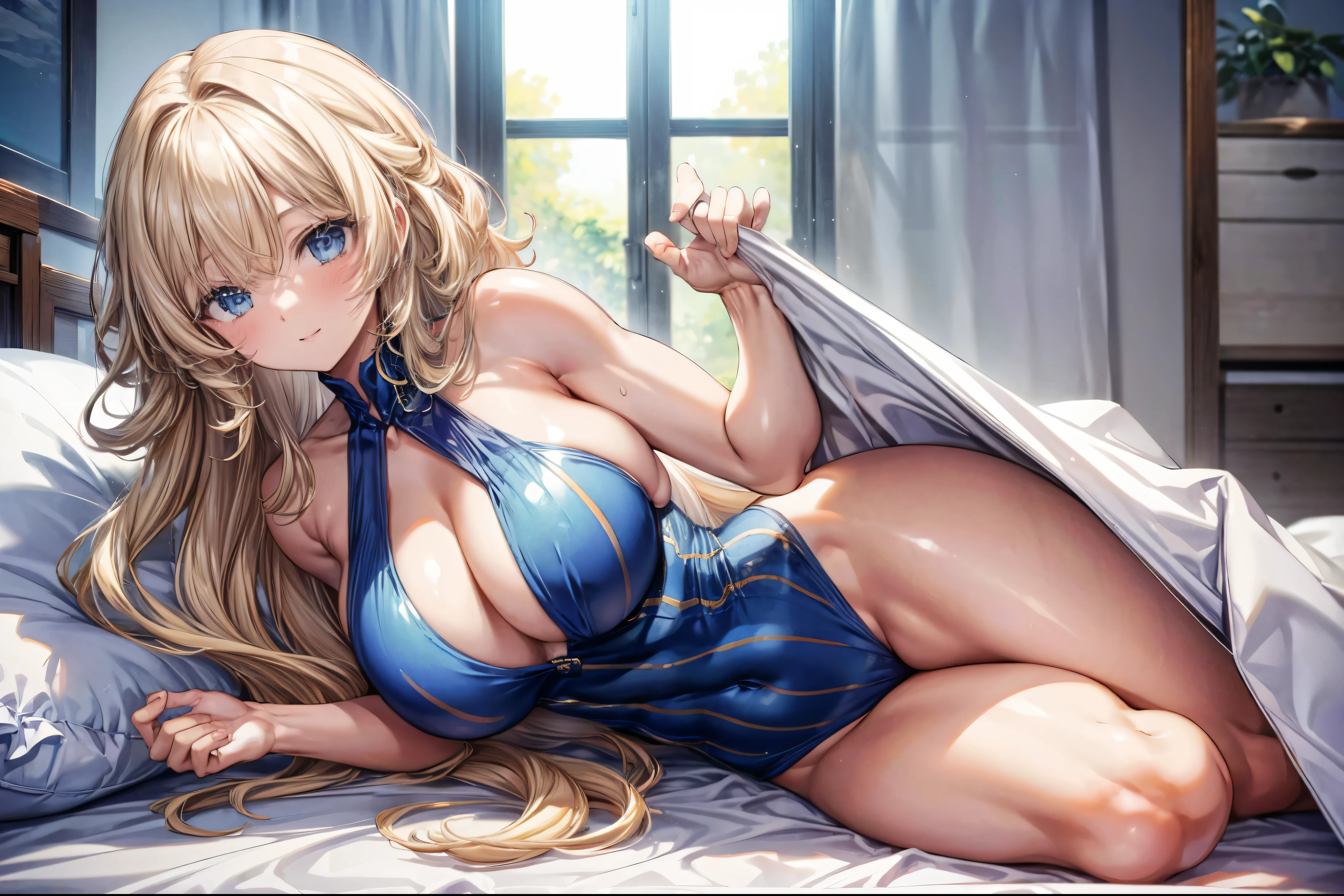 sensual, ((long blonde curly hair)), thick thighs, 8k, 4k, highest quality, High resolution:1.2), cute anime face, noise reduction, ((shining blue eyes, gentle smile, kind eyes))、toned abdominal muscles, muscular arms, muscular legs,  young face, anime eyes, (((big breasts、A chest that is about to burst)))、(((whole body)))、wearing a high-leg leotard、please lie down on the bed