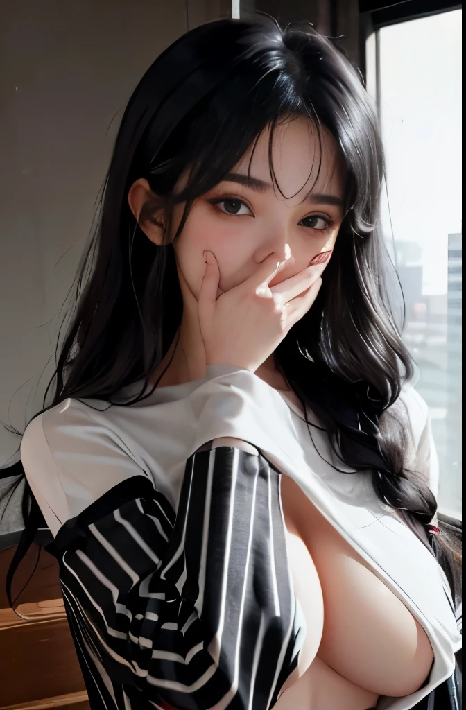 IncrsGCMeme, lifted by self, covering mouth, large breasts, indoors,shy, embarrassed, blush, oversized shirt, striped sleeves, goth, black hair, bangs, eyeliner, mascara, smoky eyes, sfw