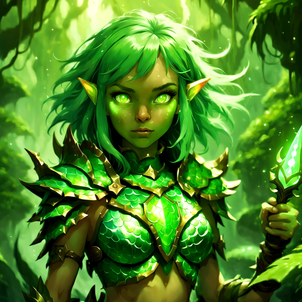 Elf with shaggy green hair and covered in green scales and wearing scaled platted armor with glowing green mana swirling around them background magical jungle
  Painted By Andreas Rocha