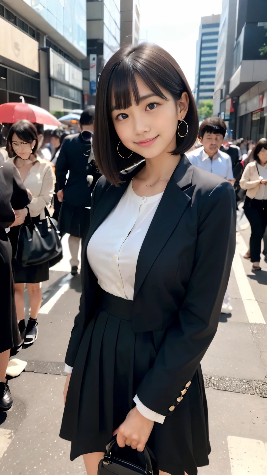 (Surrealism, RAW photo, Incredibly absurd, Nikon, 8k, super detail, masterpiece, intricate details), 
(anatomically correct, perfect human body, beautiful and cute face, silky skin, realistic skin), 
(************, Japanese girl, idle face, Umi Shinonome, slim waist and busty body, Slender legs, large breast, baby face), 
((round face, black hair, short bob cut, bangs, Down-slating eyebrows, Moist eyes, Shining eyes, one little earring, light blush)), 
(tilt head), 
(smile), 
(Business suits, tight skirts, dress shirts, jackets, business bags, formal suits)
(City sidewalk, Tokyo, luxury buildings, large crowd of people), 
Natural lighting, full length, whole body, angle from below