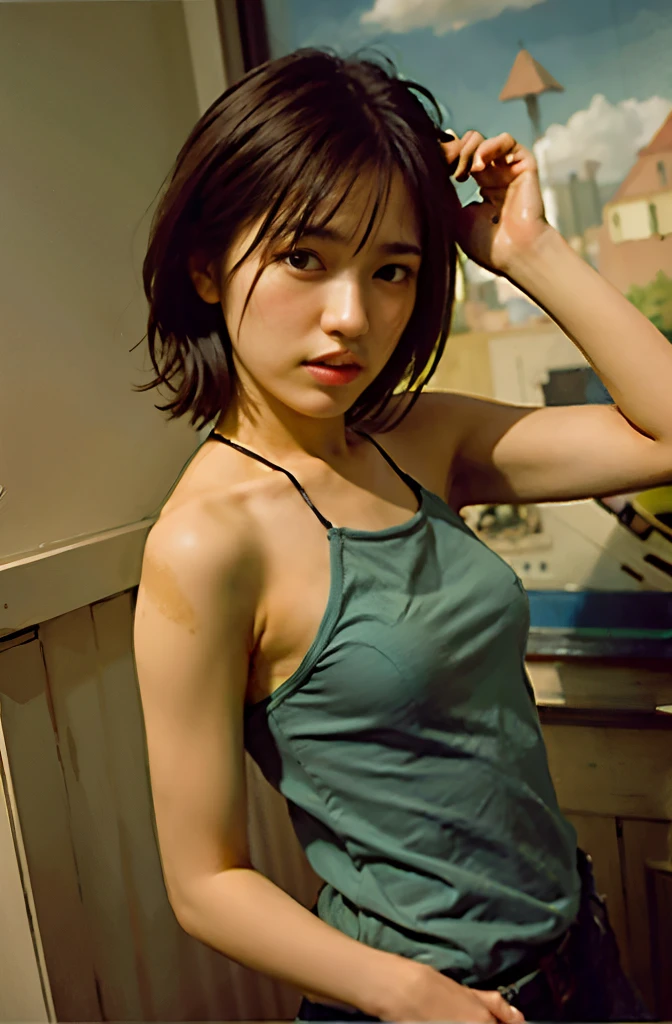 A picture of a woman wearing a blue tank top standing in front of a clock, [ oil ]!!, makoto oil, wearing a camisole, 8K resolution.oil on canvas, by Yasutomo Oka, by Miwa Komatsu, inspired by Miwa Komatsu, oil on canvas painting, by Yamagata Hiro, covered in oil
