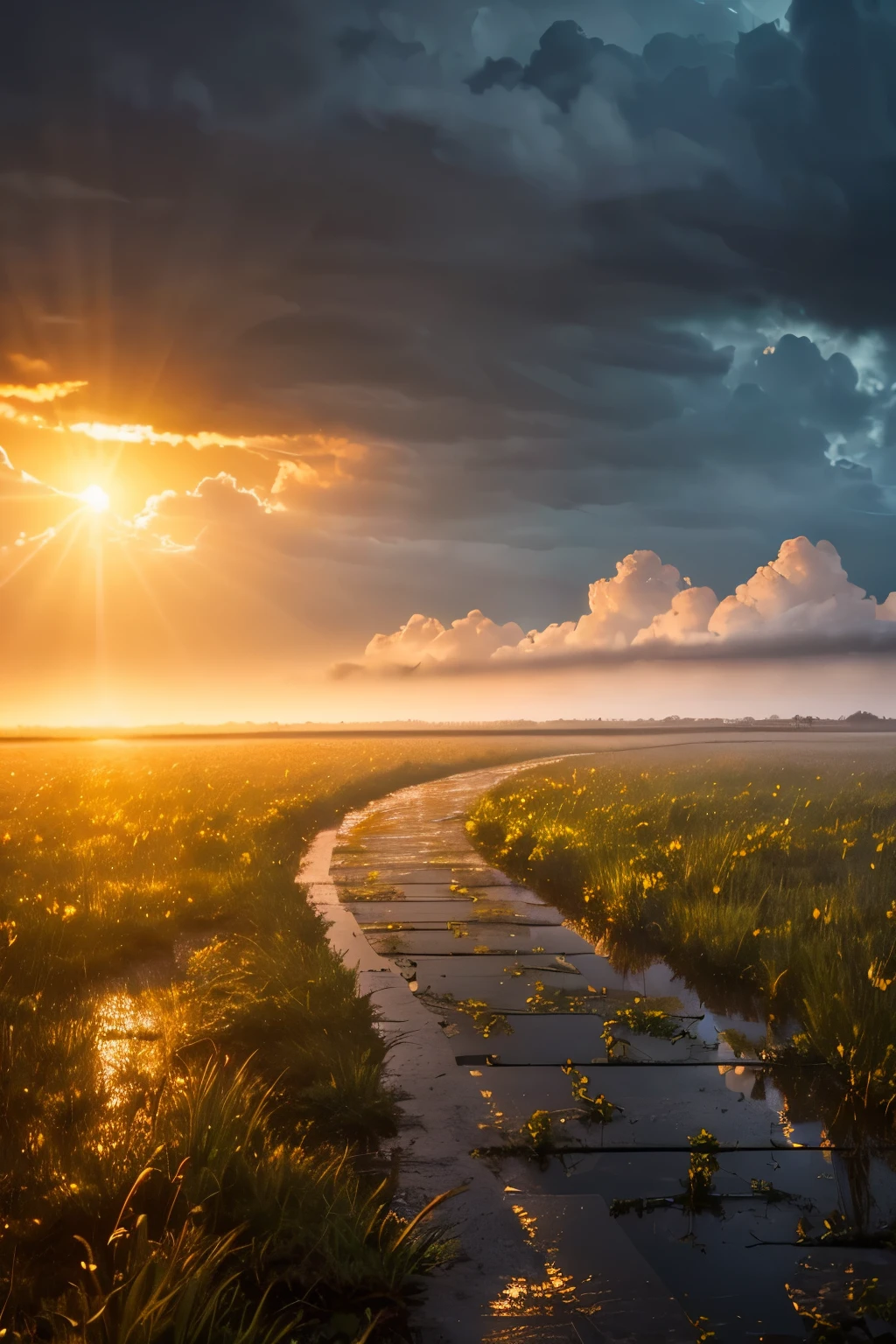 A stunning view of sunrise, blessed with a canopy of clouds, and gently drizzling rain, captured in the finest detail, (Photorealistic masterpiece), (Best Quality), (Ultra high definition 8K), (Nikon D850), (24-70mm Lens), (F/4.0 Aperture), (Rich colors, Hyper-realistic texture), vividly reflecting the break of dawn, with each raindrop glistening under the golden light, (Dramatic Lighting), (Cinematic Moment), an entrancing display of nature's beauty.