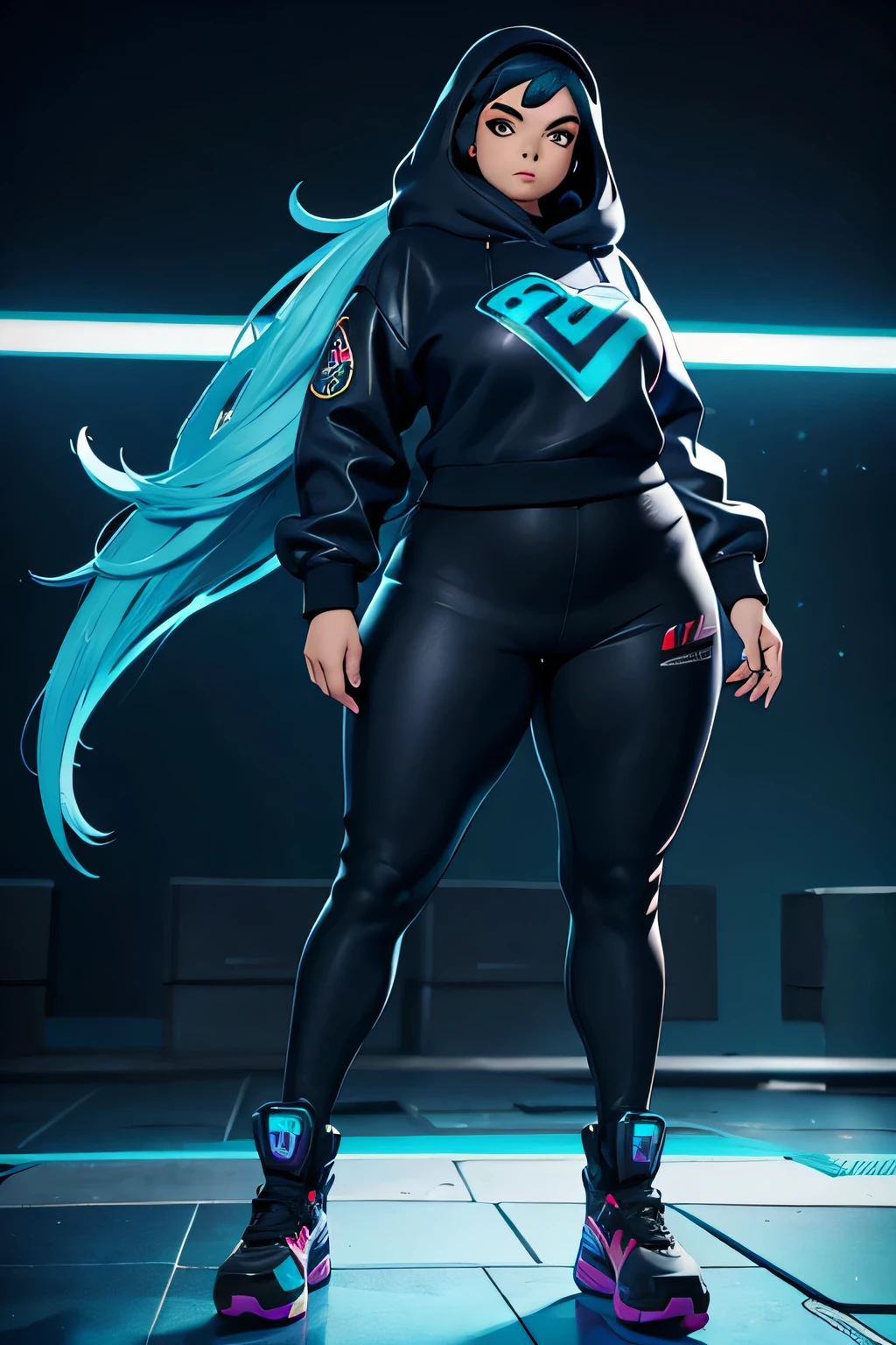 photograph of a 20 year old woman, talla extra, cara redonda, Obra maestra, Bien, sudadera de cuero azul, pelo negro, sudadera con logo deportivo, Estilo cyberpunk , animacion 3d, Estilo League of Legends