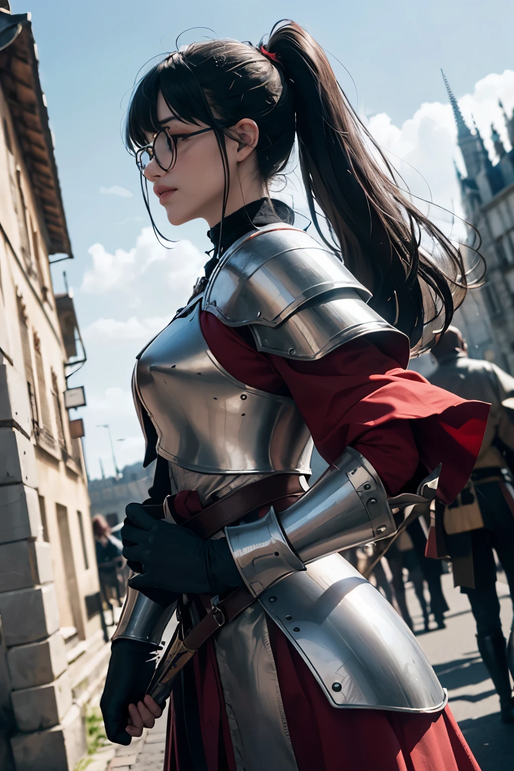((wide angle shot of the Hundred Years' War in France)), a beautiful woman, black hair in a ponytail, bangs, wearing glasses, wearing Jeanne d'Arc armor