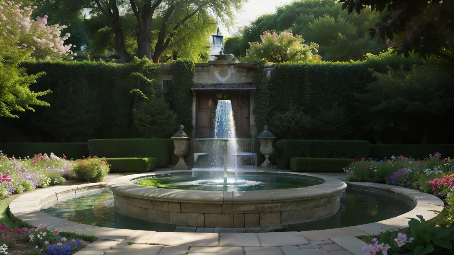 (best quality:1.2,highres,realistic:1.37), vivid colors, detailed illustration, garden scene, sunlight, beautiful flowers, peaceful atmosphere, gentle breeze, summer afternoon, water fountain, greenery, vibrant colors, soft lighting