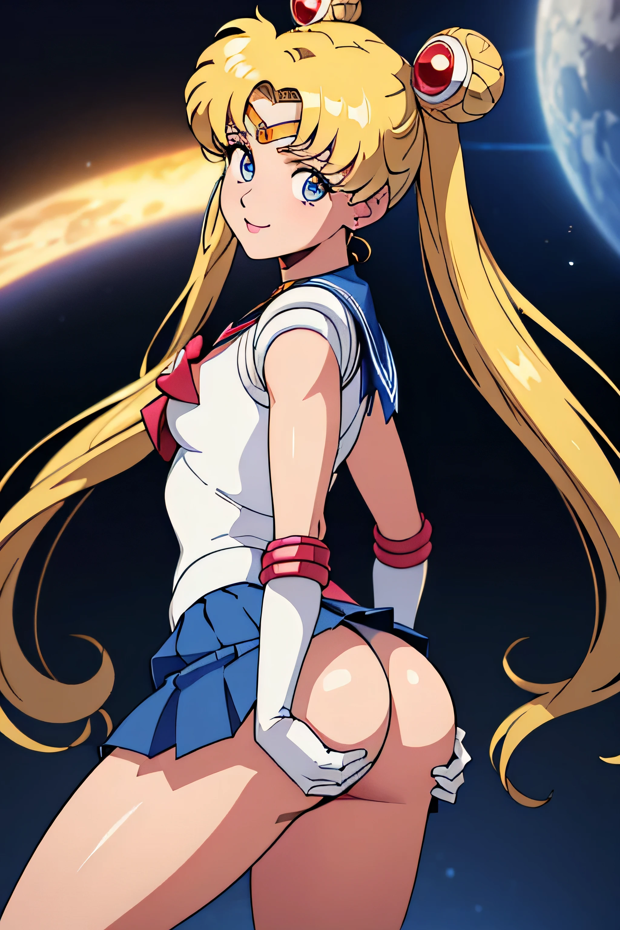 Obra maestra, Mejor calidad, absurdos, perfect anatomy, 1 chica, solo, Luna, 1990s \(Estilo\), rubia marinero luna, (little mom) de pie, sonrisa, tiro de vaquero, Uniforme Marinero Senshi, cuello marinero, Falda azul, Guantes de codo, en pose de espaldas, shows off his booty, Backward, sin tanga, big booty, ultra mini falda, (detallado:1.3), ultra high resolution, ultra detallado, Highly detallado face and skin texture, detallado eyes, double eyelids, dynamic light, (cara muy detallada) en pose de espaldas, shows off his booty, Backward, (ambas manos en su trasero), levantando su faldita. Booty without thong