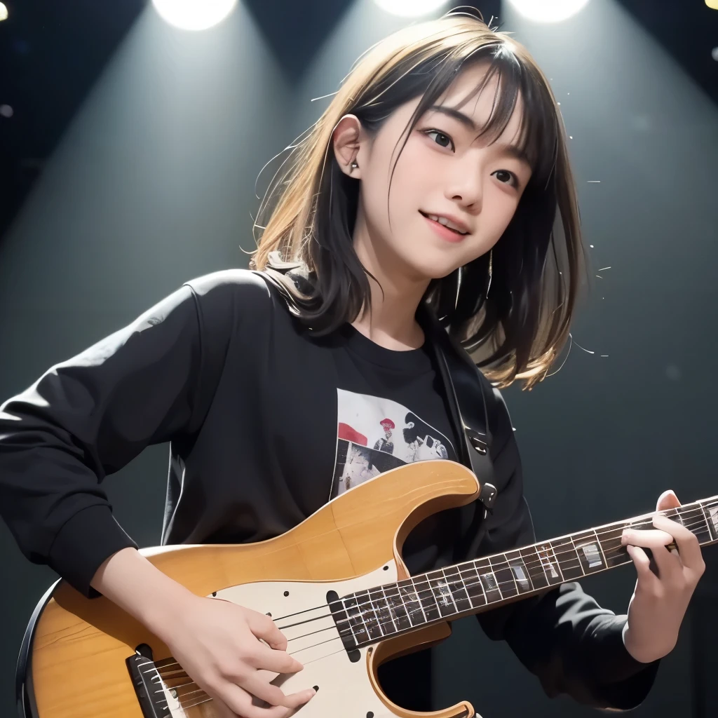 highest quality ,masterpiece, ロックバンドperformance, trio of guitar, bass and drums, high school student, 18-year-old, Dynamic and energetic live performance, performance, bright, smile, real, realistic, a lot of spectators, enthusiasm, Spotlight, light effects