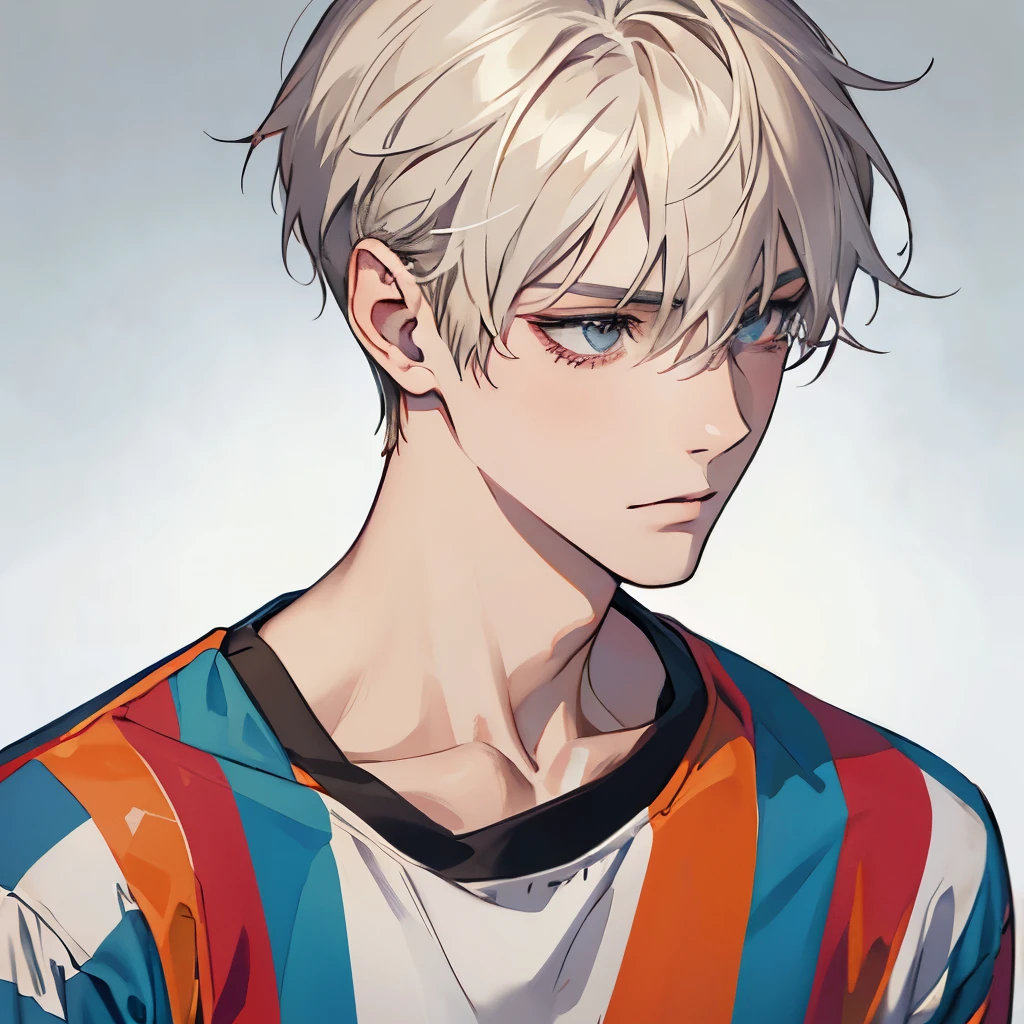 A male, Front View, slender, boy, pale blonde, colorful stripes t-shirt, face focus, face close up, femboy, gay, fashionable, hazel eyes, gray eyes