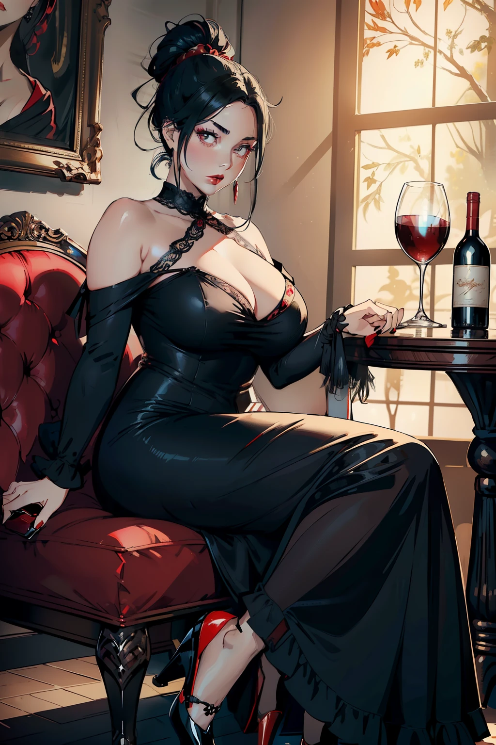(masterpiece) A woman with (black hair tied up in a high ponytail, plus size, shimmering castanet eyes, detailed eyes, red lips) is wearing a (black and red princess gown with high heels, holding a book in one hand and a glass of wine in the other), sitting on a plush chair in a (richly decorated, warm-toned environment).