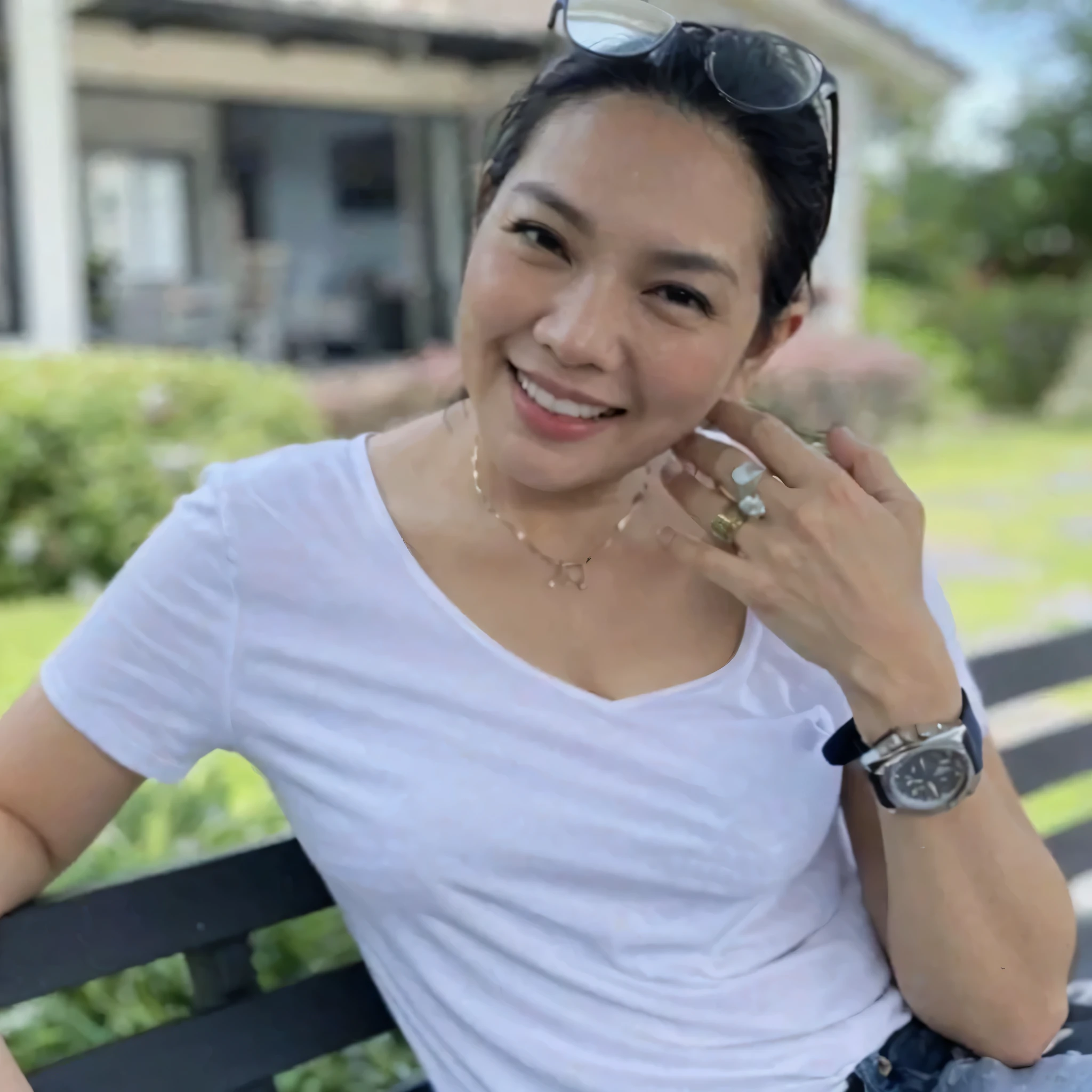 There was a woman sitting on a bench with a watch on her wrist.., 38 years old, 40-year-old woman, 3 2 years old, ในstyleลำมัญ, 3 6 years old, Female, age 3 0 years, 30 year old woman, According to Thawan Duchanee'style, tomorrow, Tran., Age 2 9 years