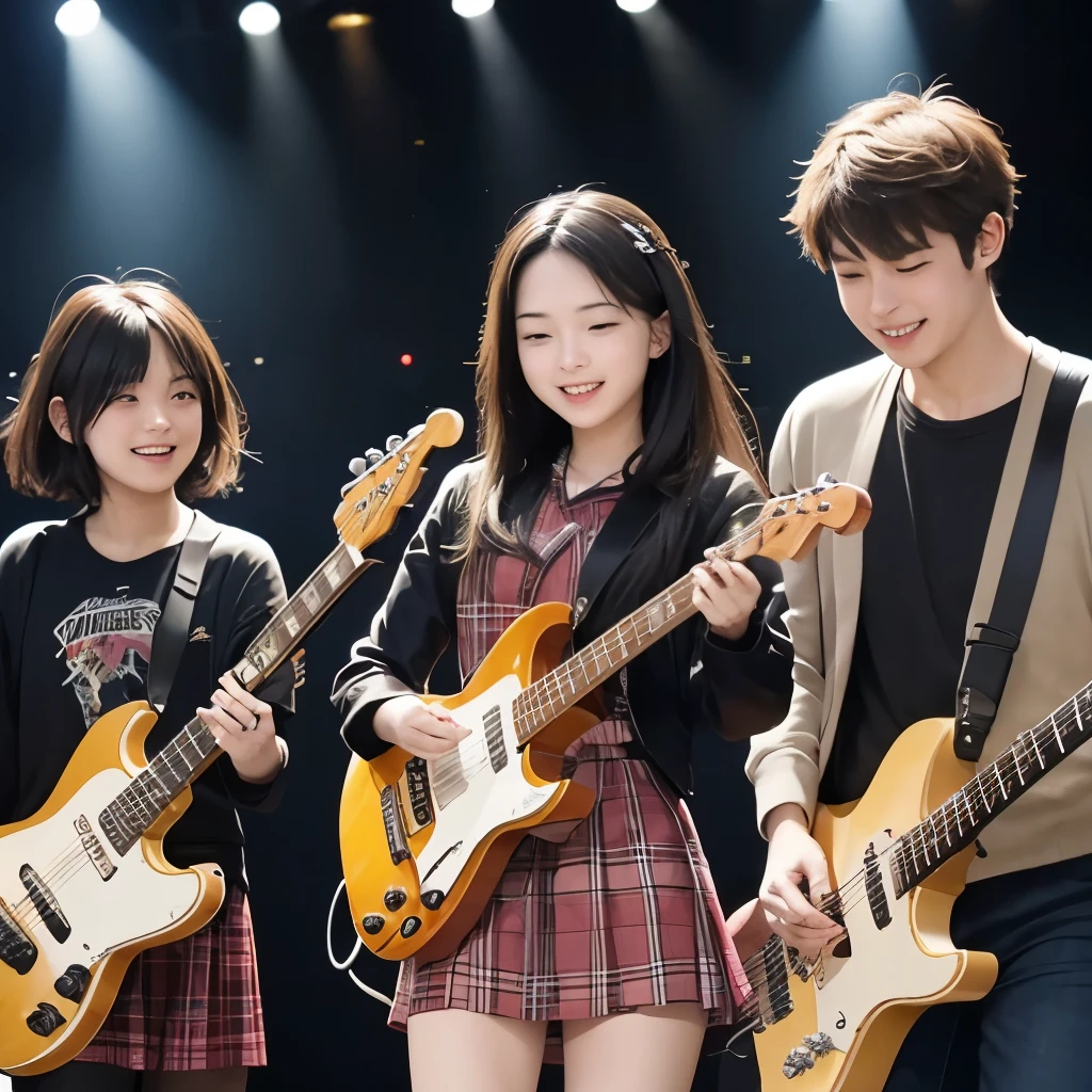 highest quality ,masterpiece, Uplifting, ロックバンドperformance, trio of guitar, bass and drums, high school student, 18-year-old, men and women, Dynamic and energetic live performance, performance, bright, smile, real, realistic, a lot of spectators, enthusiasm, Spotlight, light effects