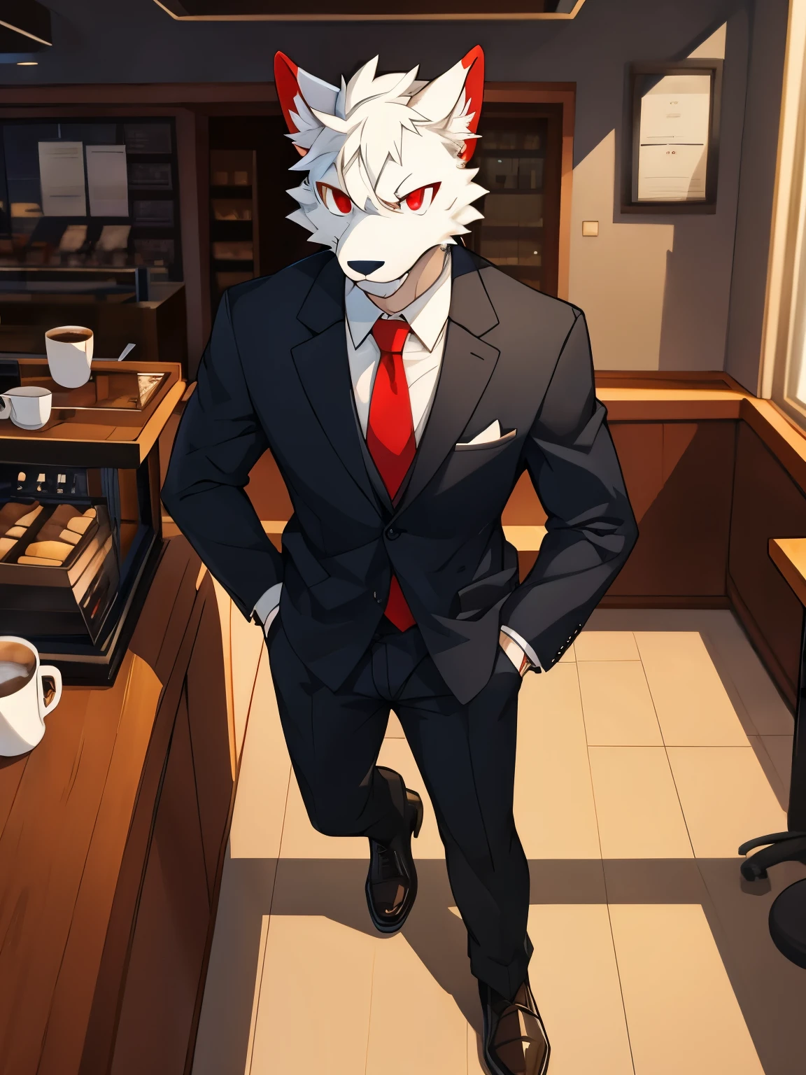 white male Furry red eyes business suit Solo person in coffee shop